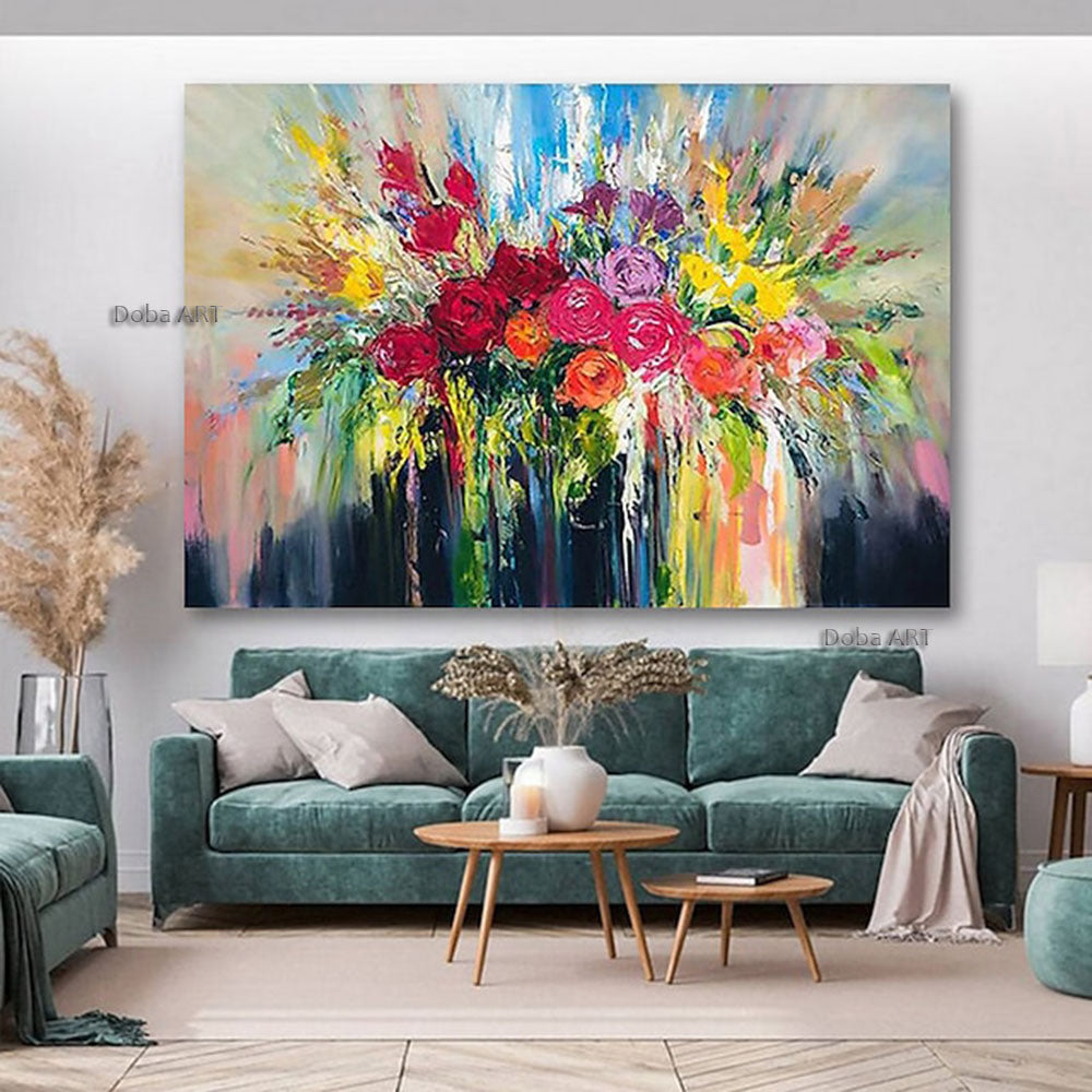 Handmade Hand Painted Wall Art On Canvas Abstract Colorful Vintage Floral Botanical Modern Home Living Room hallway bedroom luxurious decorative painting