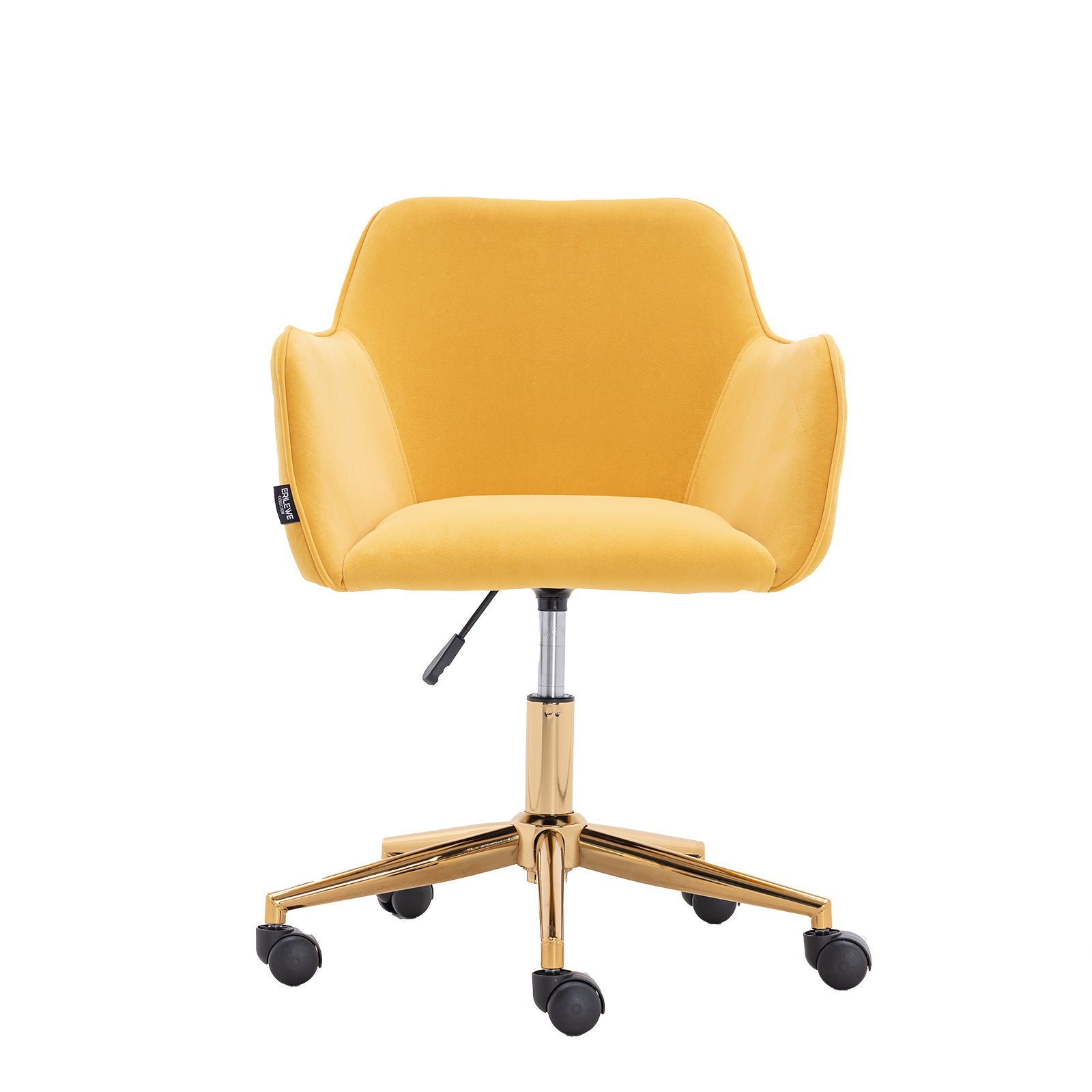 Modern Velvet Fabric Material Adjustable Height 360 Revolving Home Office Chair With Gold Metal Legs And Universal Wheels For Indoor; Yellow