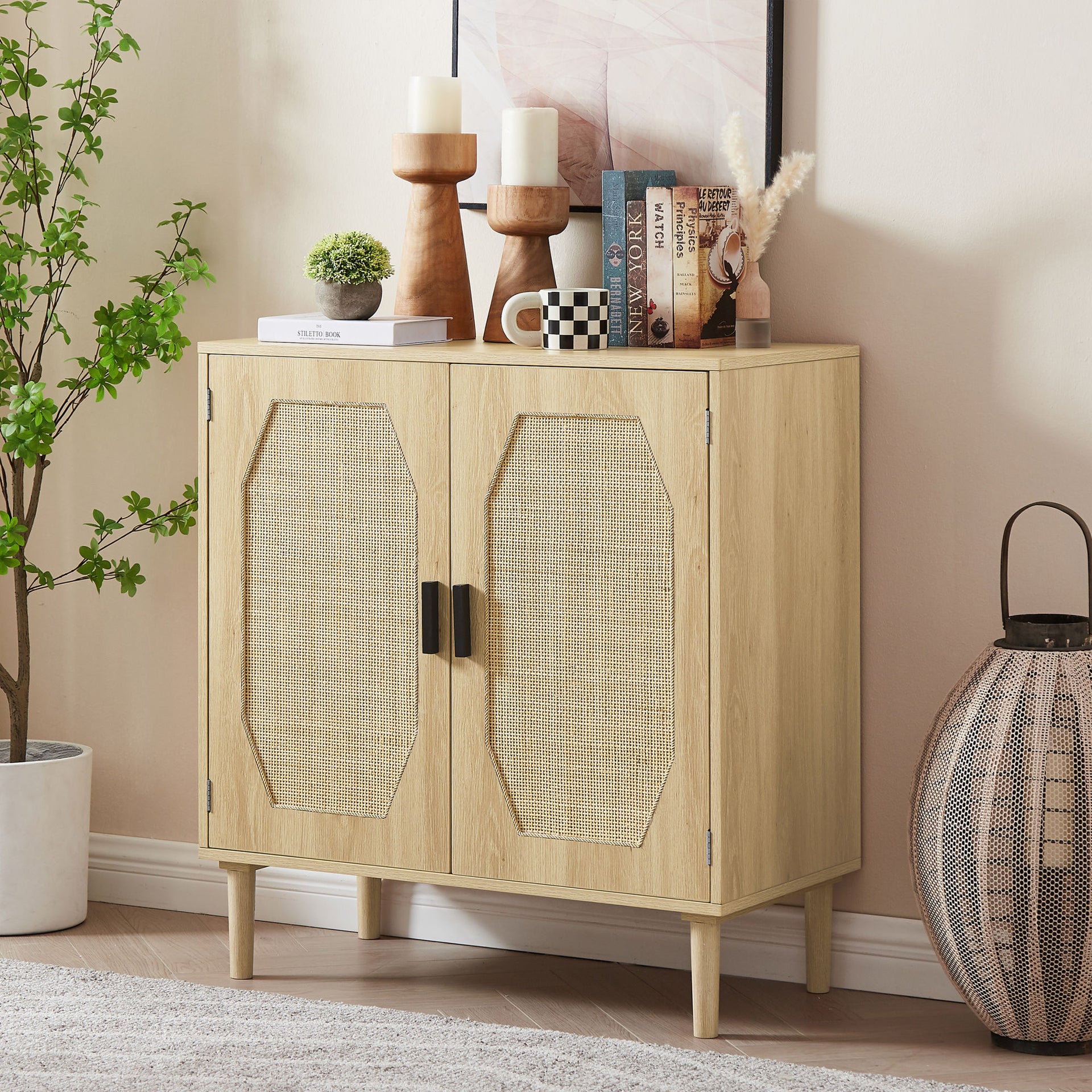 Storage cabinets with rattan decorative doors, Natural, 31.5''W X 15.8''D X 34.6"H.