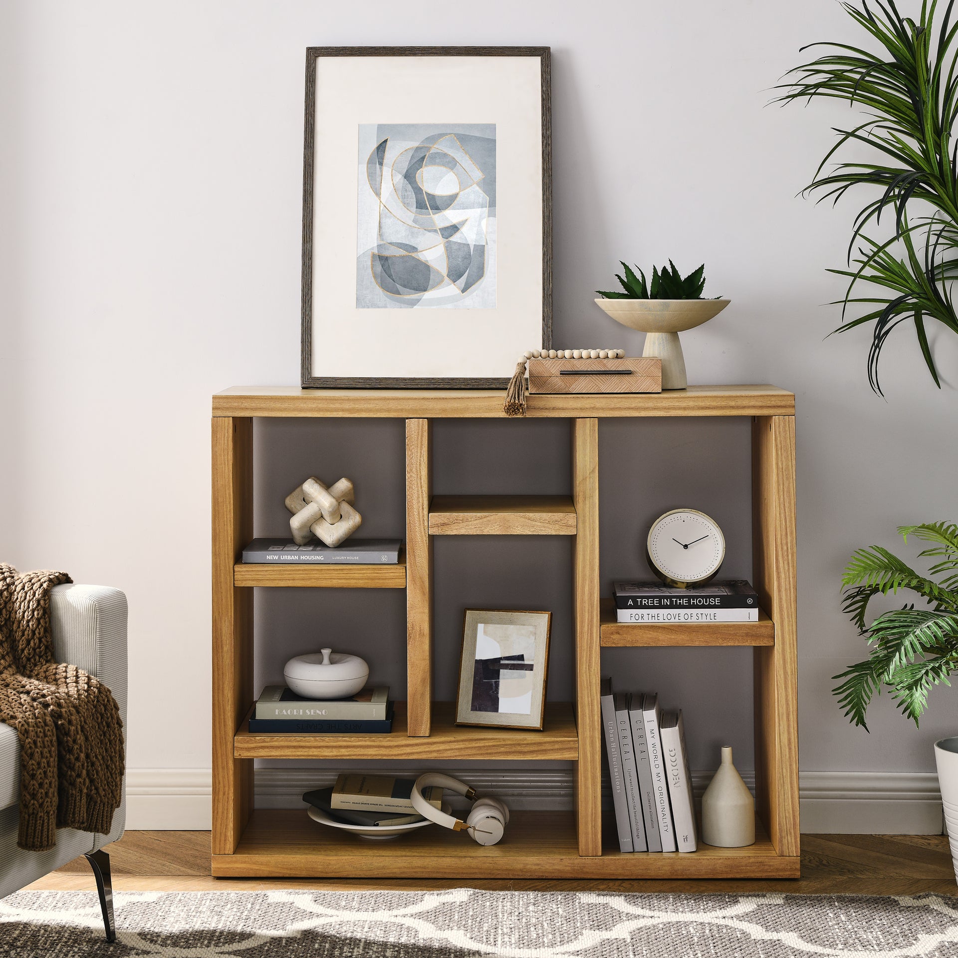 Open Wooden Open Shelf Bookcase, Freestanding Display Storage Cabinet with 7 Cube Storage Spaces