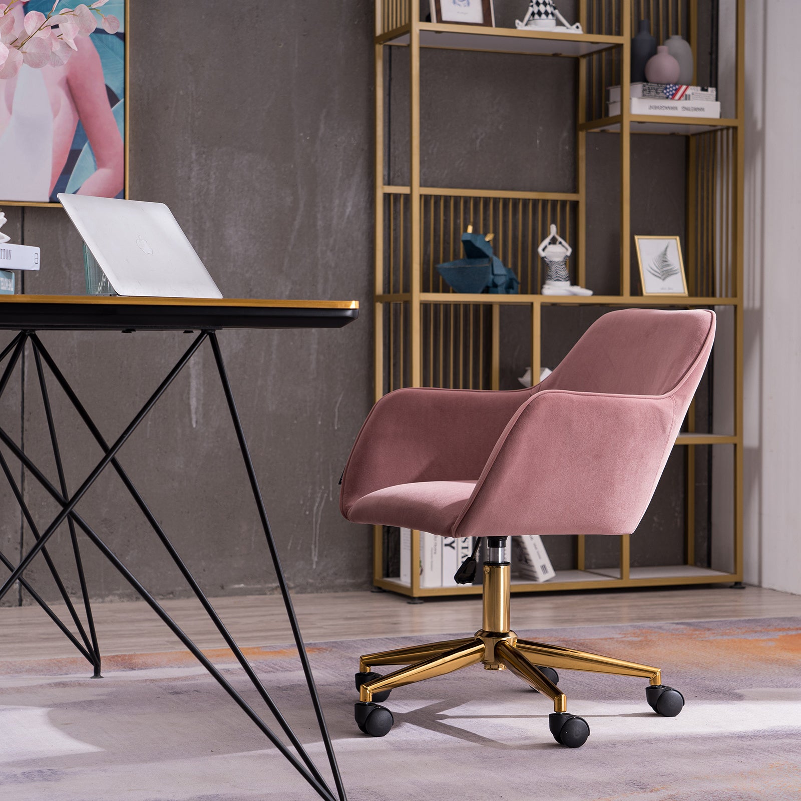 Modern Velvet Fabric Material Adjustable Height 360 revolving Home Office Chair with Gold Metal Legs and Universal Wheels Pink