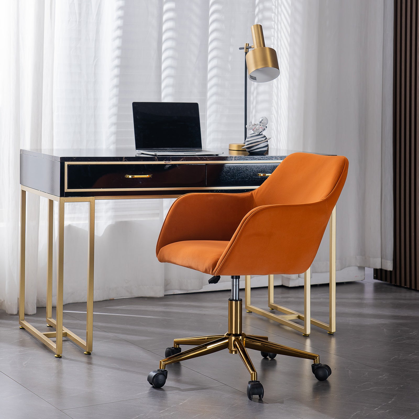 Modern Velvet Fabric Material Adjustable Height 360 revolving Home Office Chair with Gold Metal Legs and Universal Wheels; Orange