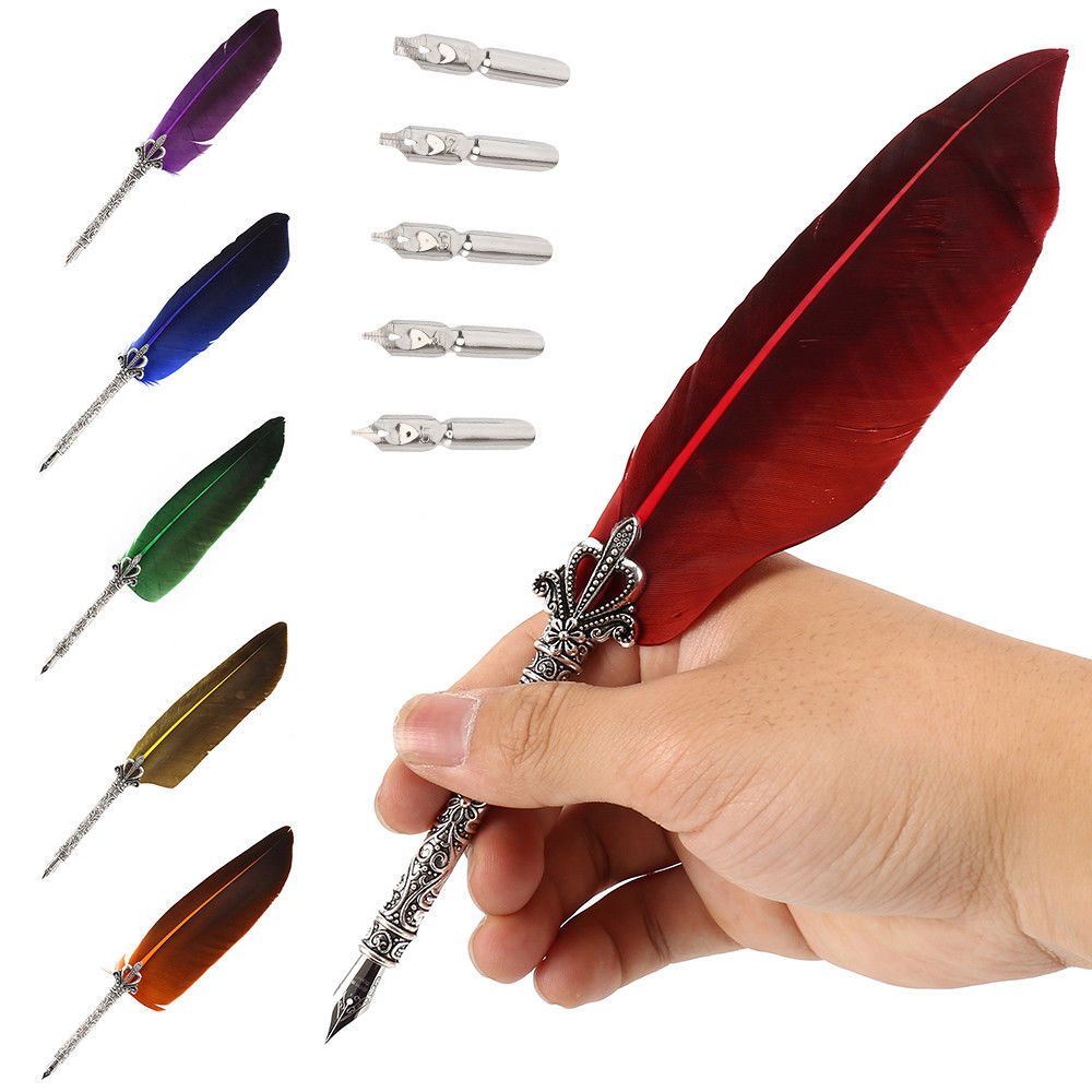 1 Set Vintage Quill Dip Pen Turkey Feather Pen Quill Oblique + 5 Nibs+ Pen Set Gift