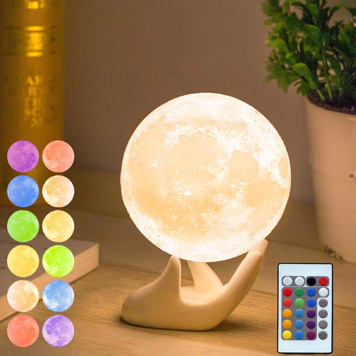 Moon Lamp, 3D Printing Lunar Lamp Soothing Light with White Hand Stand
