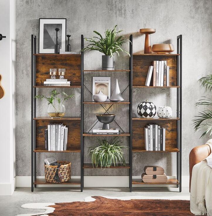 Industrial Brown Bookcase with 14 Storage Shelves