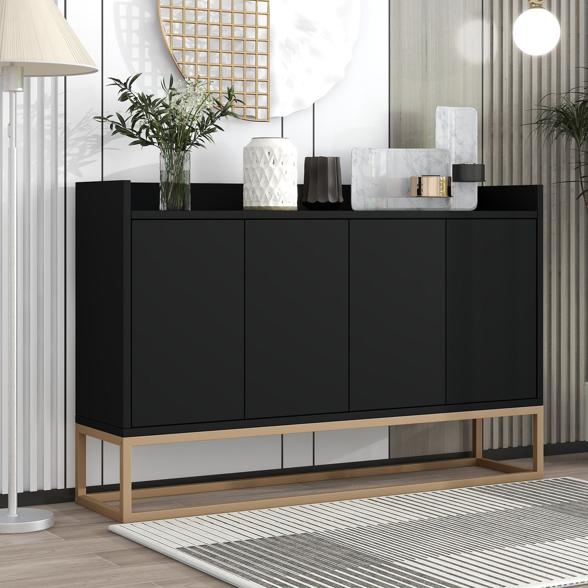 Modern Sideboard Elegant Storage Cabinet for Office with Large Storage Space for Serving Bar,  Glasses, Books and more (Black)