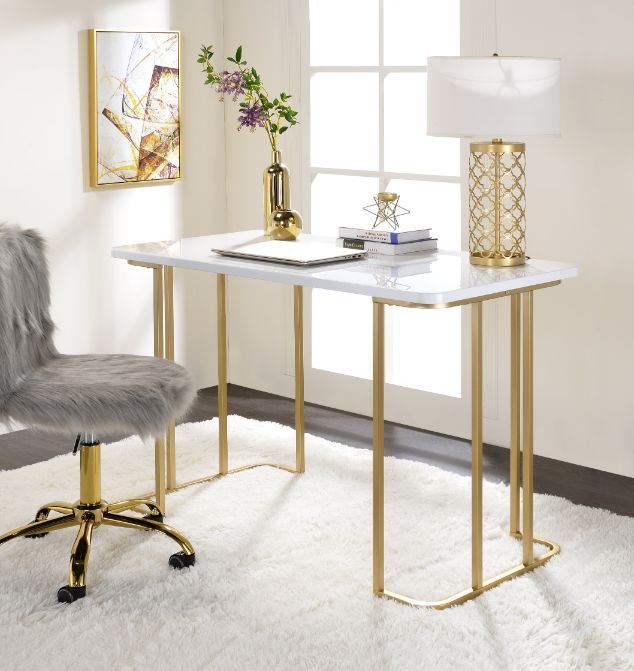 Estie Writing Desk; White & Gold Finish clean-lined metal sled base
