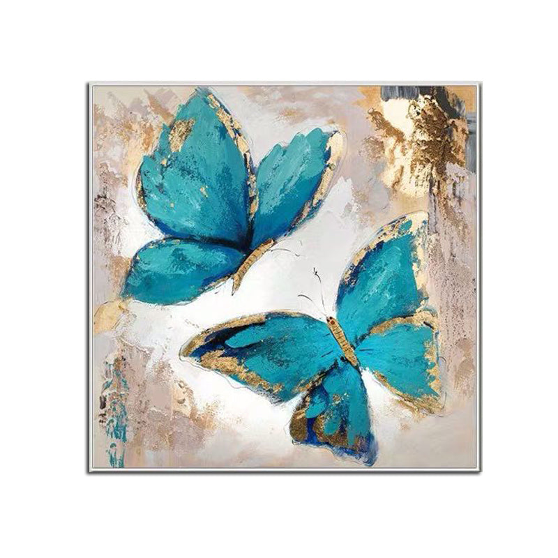 100% Handmade Abstract Oil Painting Wall Art Modern Minimalist Blue Color Butterfly Picture Canvas No Frame