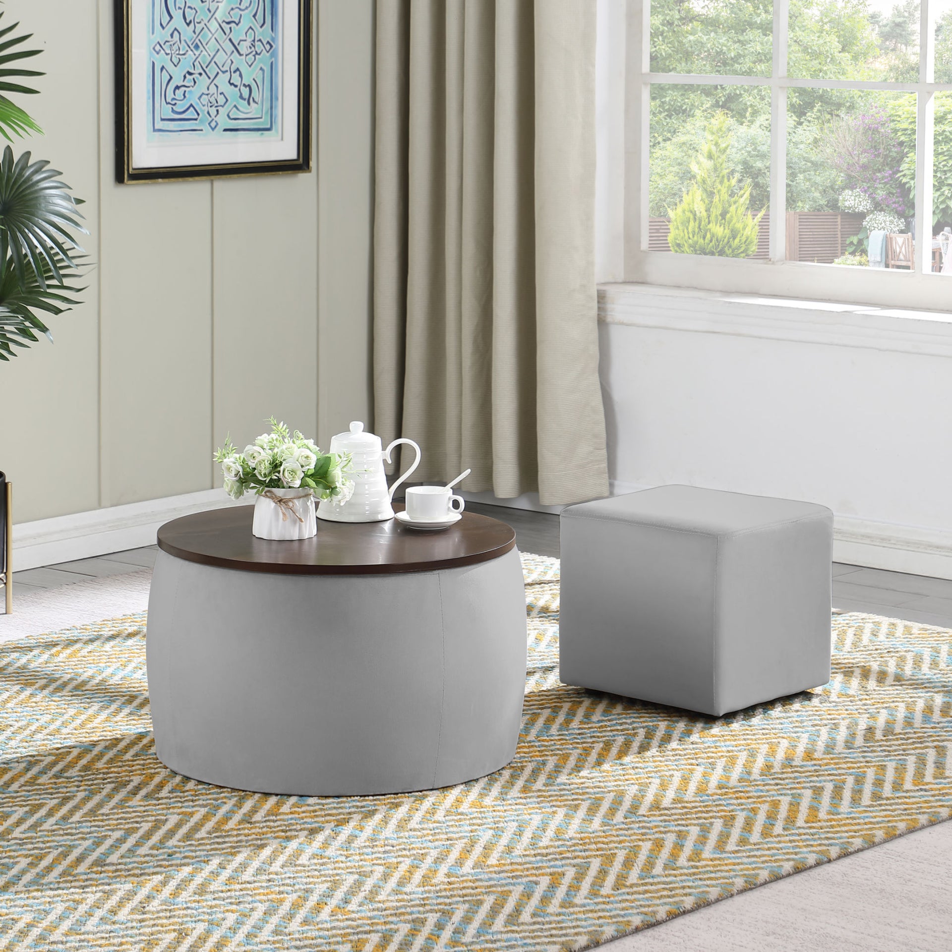 Round Ottoman Set with Storage, 2 in 1 combination, Round Coffee Table, Square Foot Rest Footstool