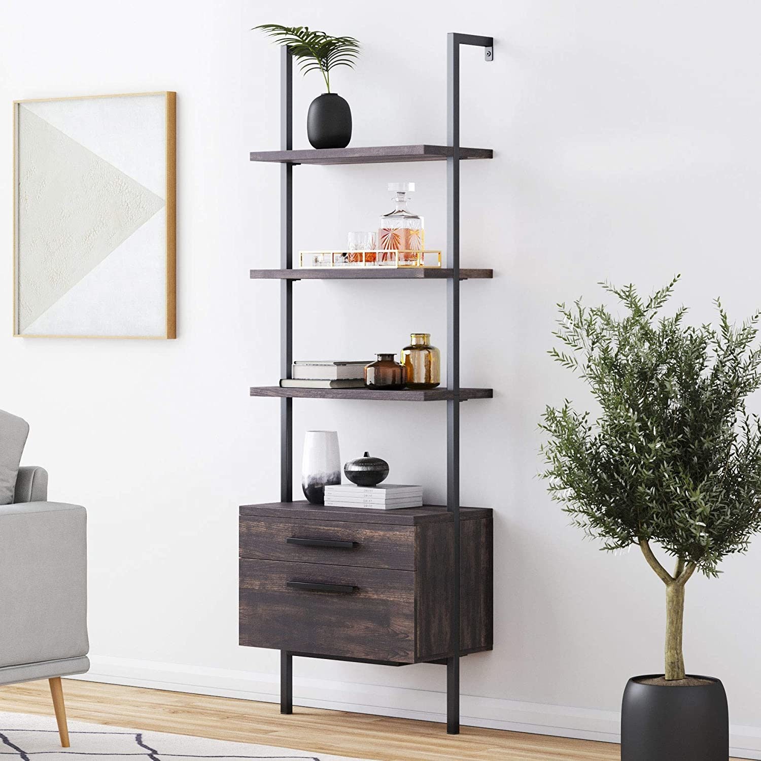 Free shipping Industrial 5-Tier Modern Ladder Shelf Bookcase, Vintage Metal Pipes and Wood Shelveswith Wood Drawers ,Rustic Display Bookshelf for Storage Collection YJ