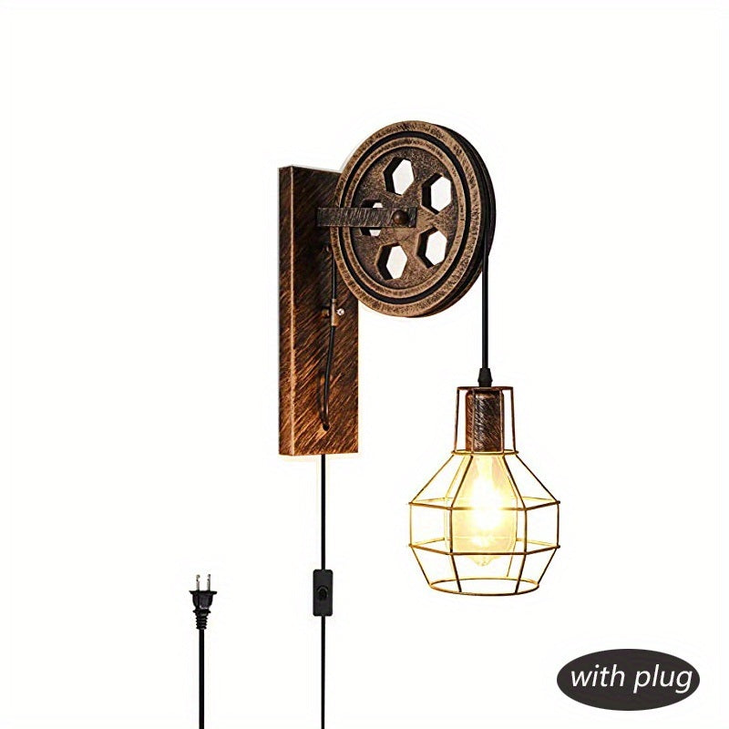 Retro Industrial Wall Sconce, 1Pack Antique Brass Vintage Plug In Wall Lighting, Industrial Lantern Retro Lamp Metal Wall Light Fixtures For Bedside Bedroom Home Dining Room(Not Include Bulb)