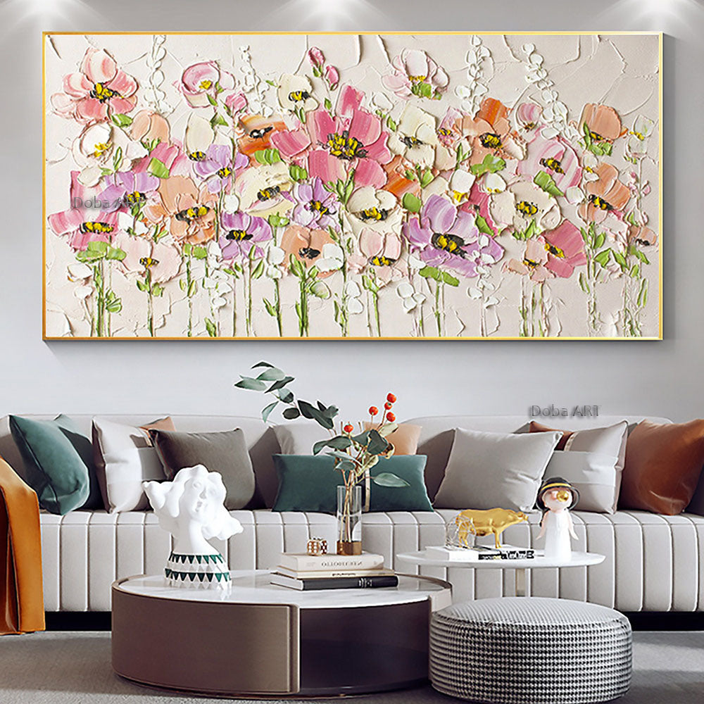 Handmade Abstract Blossom Pink Flower Oil Painting on Canvas;  Large Original Modern Textured Floral Scenery Painting Boho Wall Art Living Room Home Decor