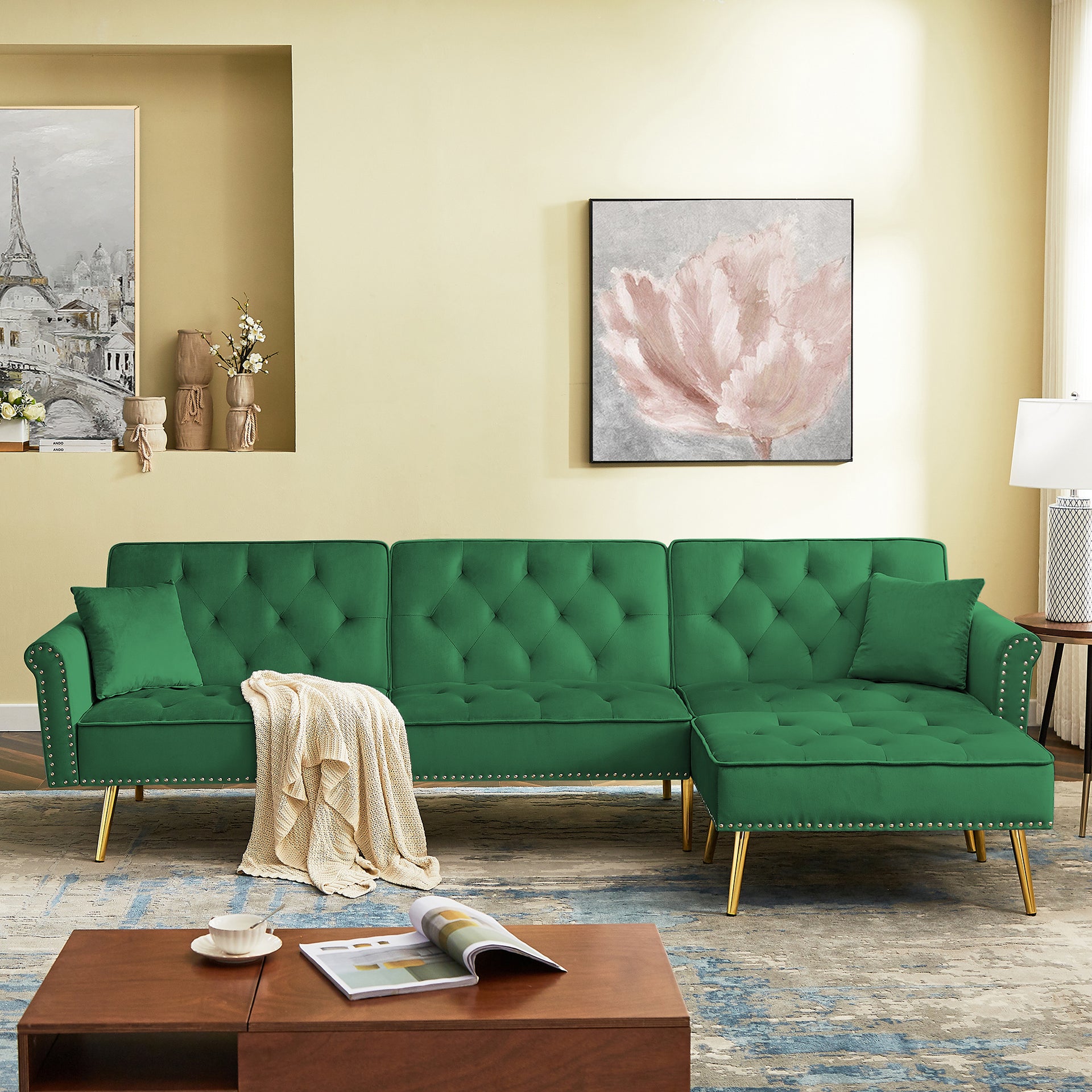 Modern Velvet Upholstered Reversible Sectional Sofa Bed , L-Shaped Couch with Movable Ottoman and Nailhead Trim For Living Room. (Green)