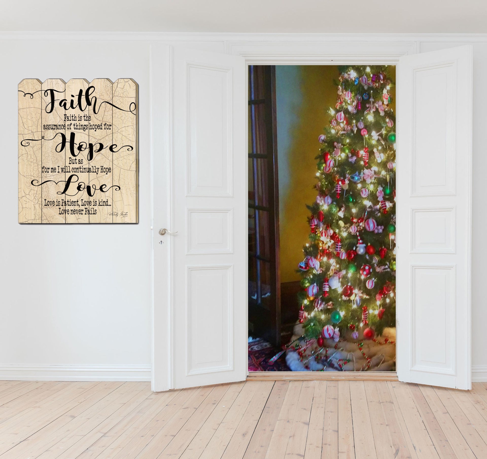 "Faith Hope Love" by Cindy Jacobs, Printed Wall Art on a Wood Picket Fence