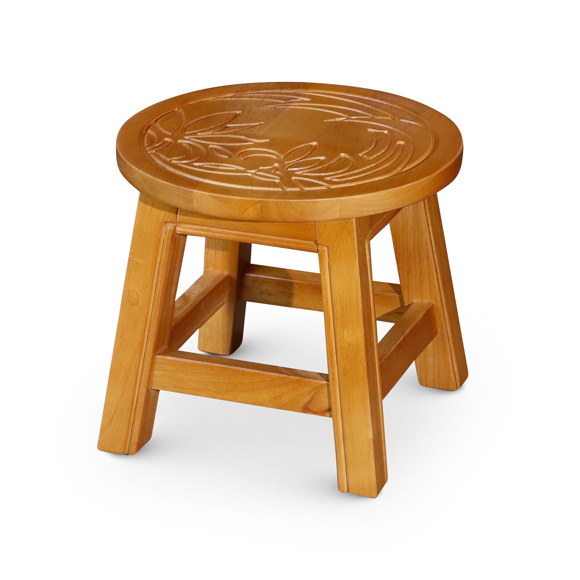 Carved Wooden Step Stool, Floral, Natural