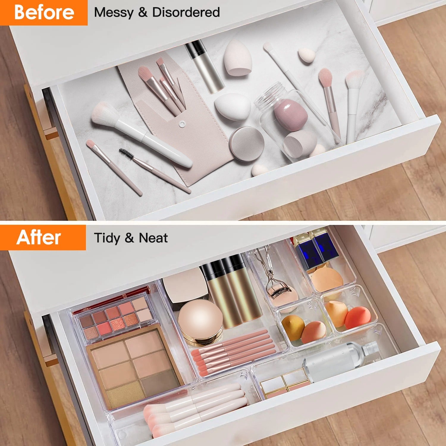 25Pcs Clear Plastic Drawer Organizers Set 4 Sizes Desk Drawer Dividers Trays Storage Bins