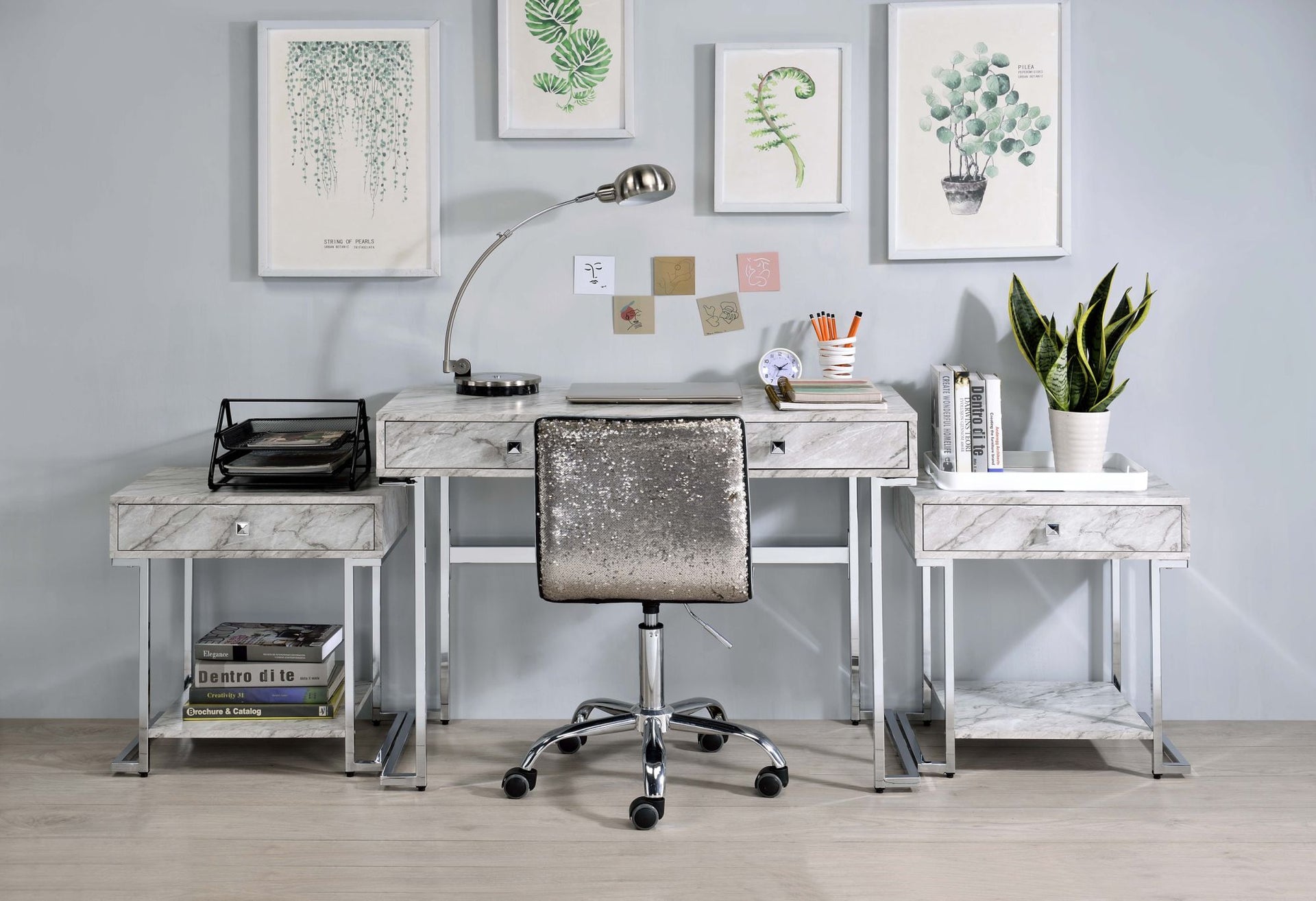 Tigress Writing Desk; White Printed Faux Marble & Chrome Finish YJ