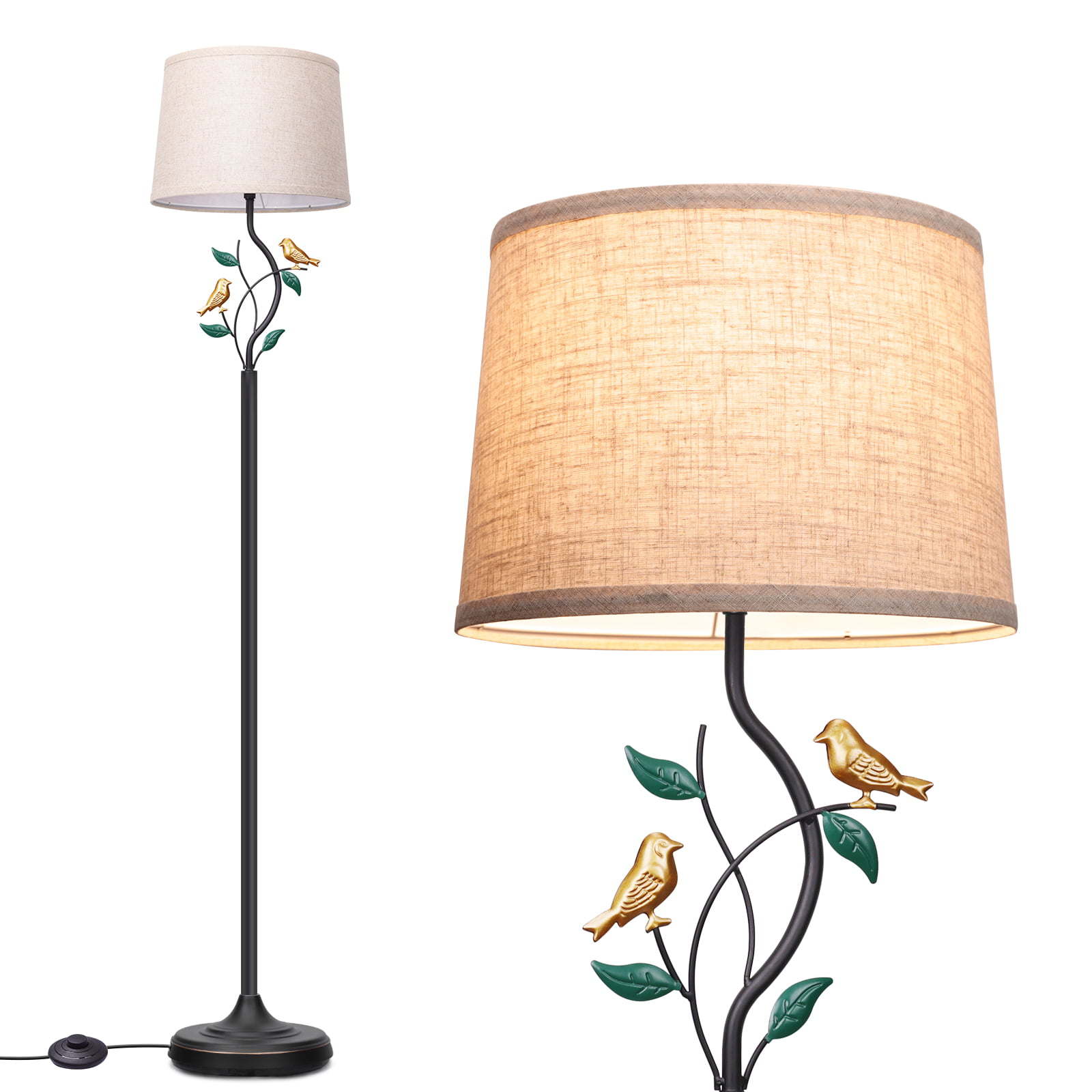 Dimmable Floor Lamp with Shade;  Modern Farmhouse Floor Lamp;  Rustic Floor Standing Lamp with Leaves & Birds Design;  Floor Stand up Lamp for Living Room;  Bedroom;  Office;  Dorm