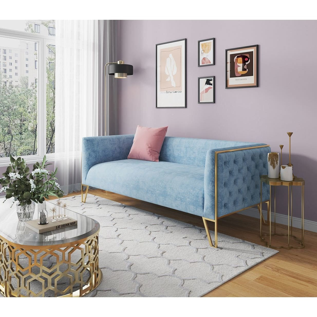 Manhattan Comfort Vector 81.5 in. Ocean Blue and Gold Velvet 3-Seat Sofa