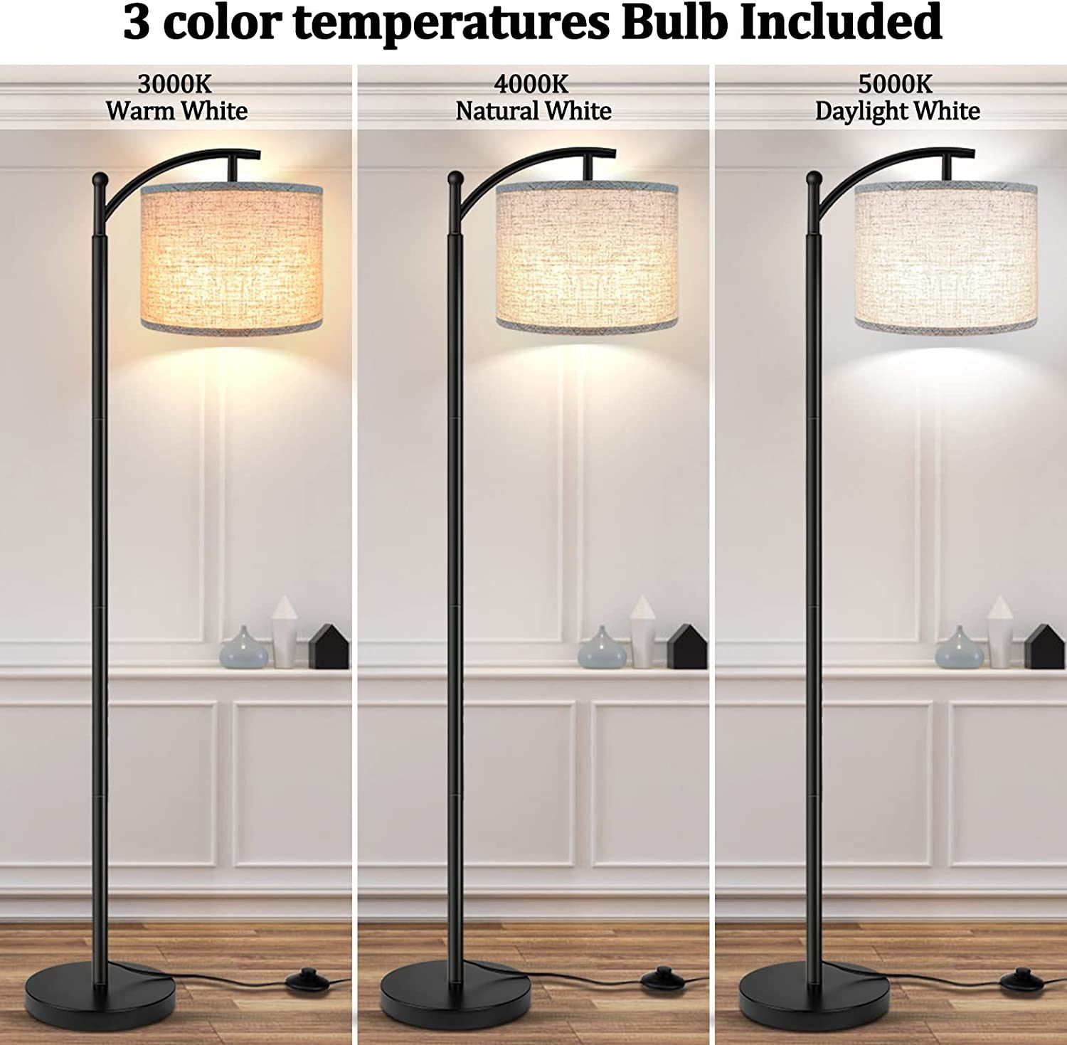 Floor Lamp, Floor Lamp for Living Room with 3 Color Temperatures LED Bulb, Tall Industrial Floor Lamp Reading for Bedroom, Office with Beige Lampshade Included-Black