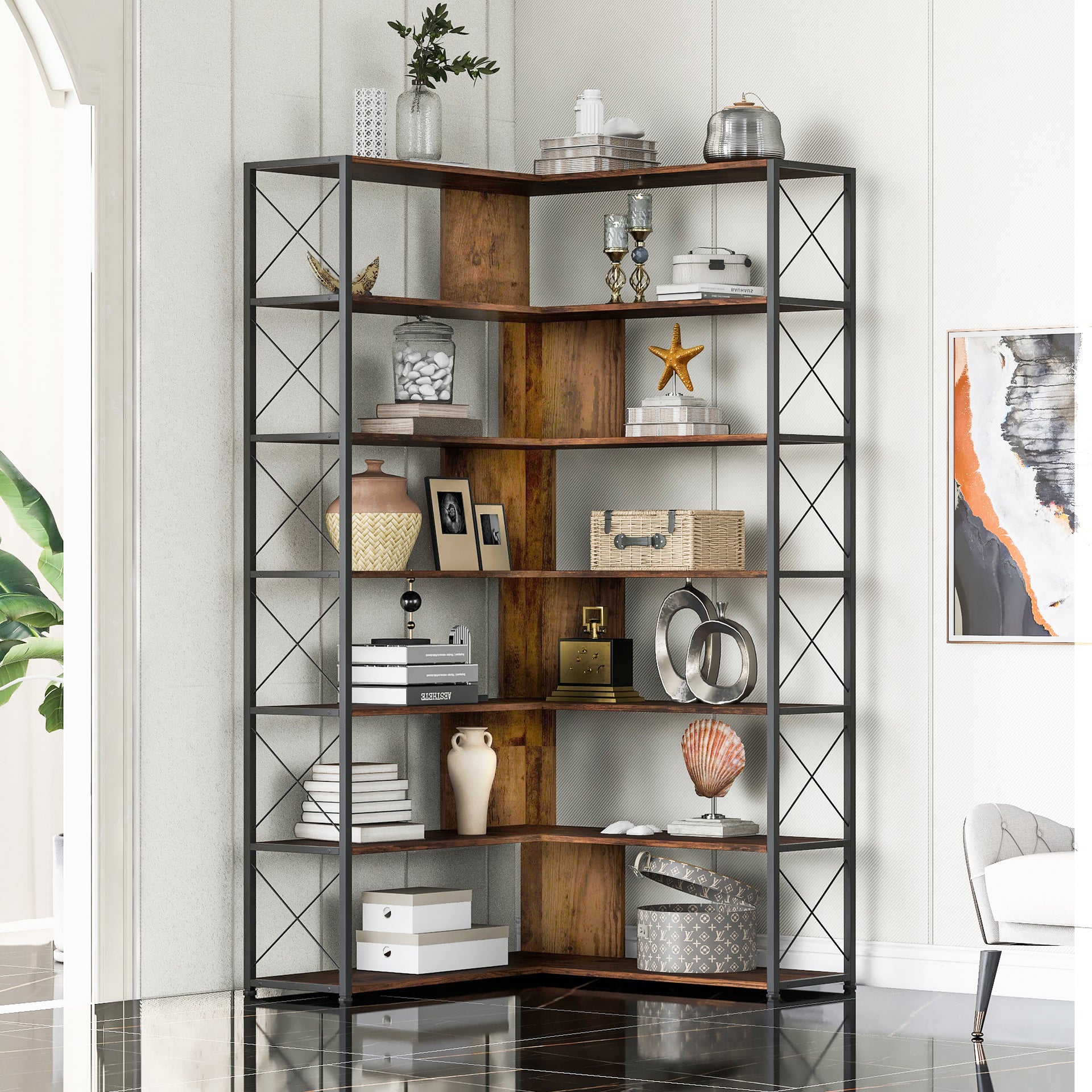 7-Tier Bookcase Home Office Bookshelf, L-Shaped Corner Bookcase with Metal Frame, Industrial Style Shelf with Open Storage, MDF Board