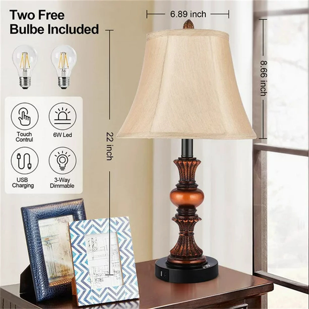 2 Pack Traditional Table Lamps; Touch Control 3-Way Dimmable Lamp Sets w/4 USB Charging Ports;  Fabric Tapered Drum Shade Nightstand Lamp for Living Room;  Bedroom;  2 Free LED Bulbs;  Bronze