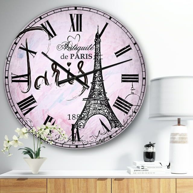 Designart 'Illustration with Paris Eiffel Tower' French Country wall clock (Size 23" x 23")