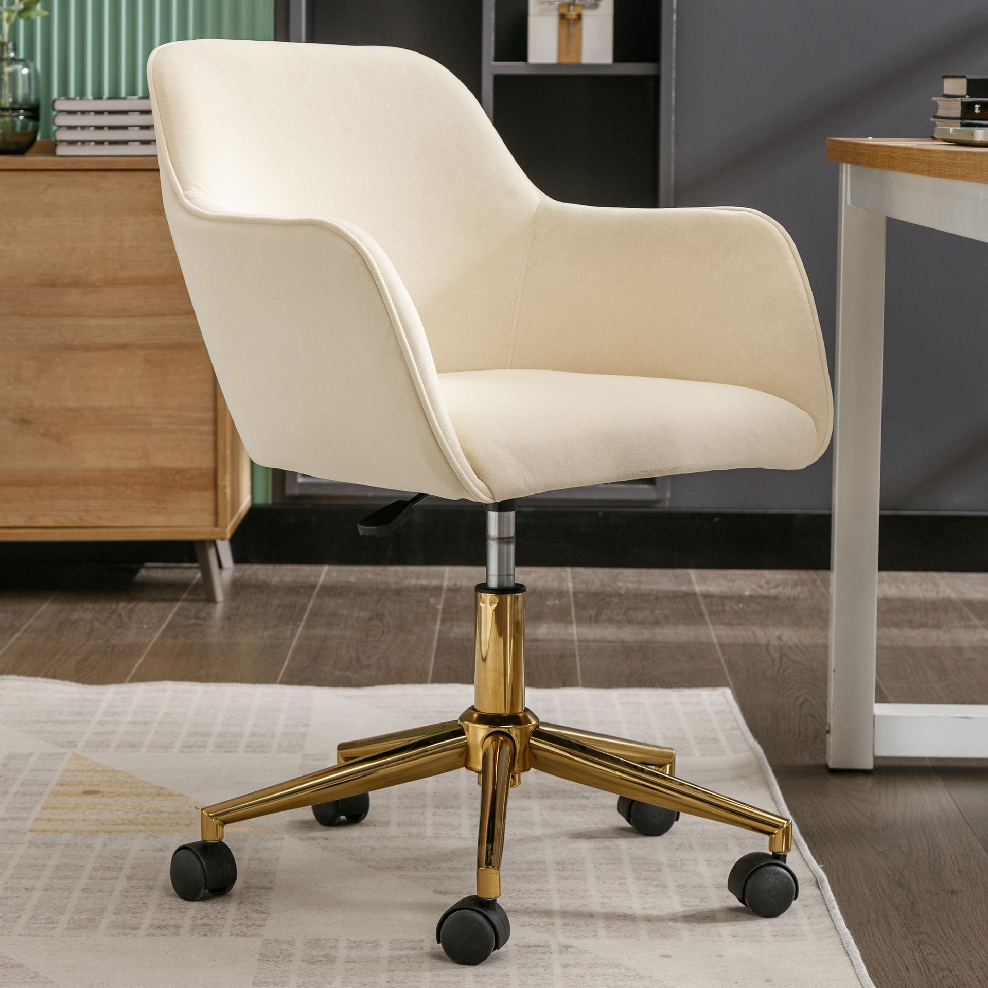 Modern Velvet Fabric Material Adjustable Height 360 revolving Home Office Chair with Gold Metal Legs and Universal Wheels