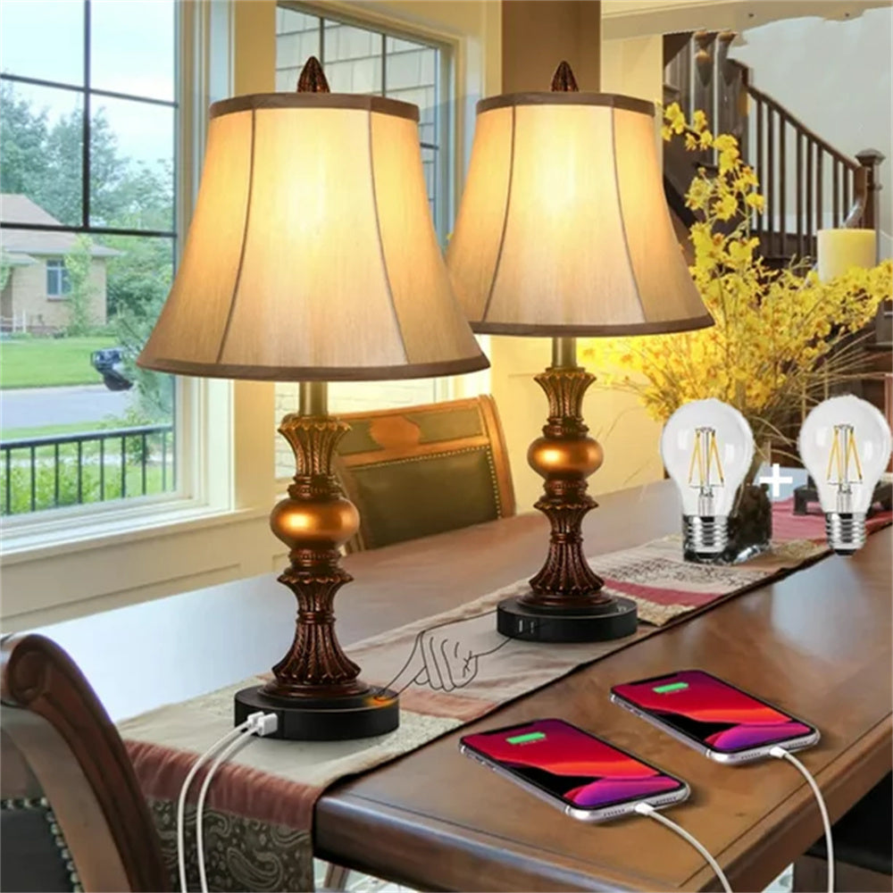 2 Pack Traditional Table Lamps; Touch Control 3-Way Dimmable Lamp Sets w/4 USB Charging Ports;  Fabric Tapered Drum Shade Nightstand Lamp for Living Room;  Bedroom;  2 Free LED Bulbs;  Bronze