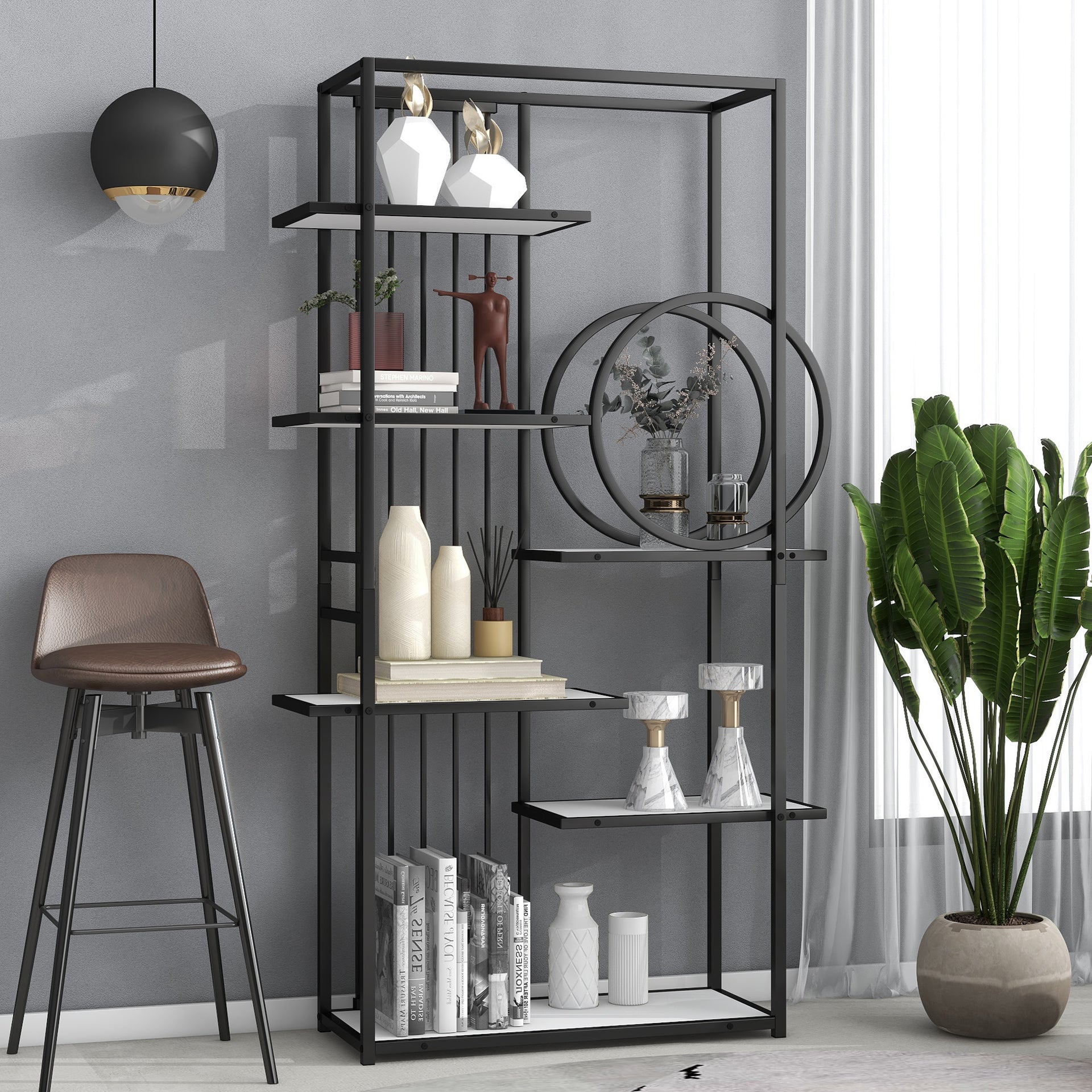 6 Tiers Home Office Bookcase Open Bookshelf with Black Metal Frame Storage Large Bookshelf Furniture