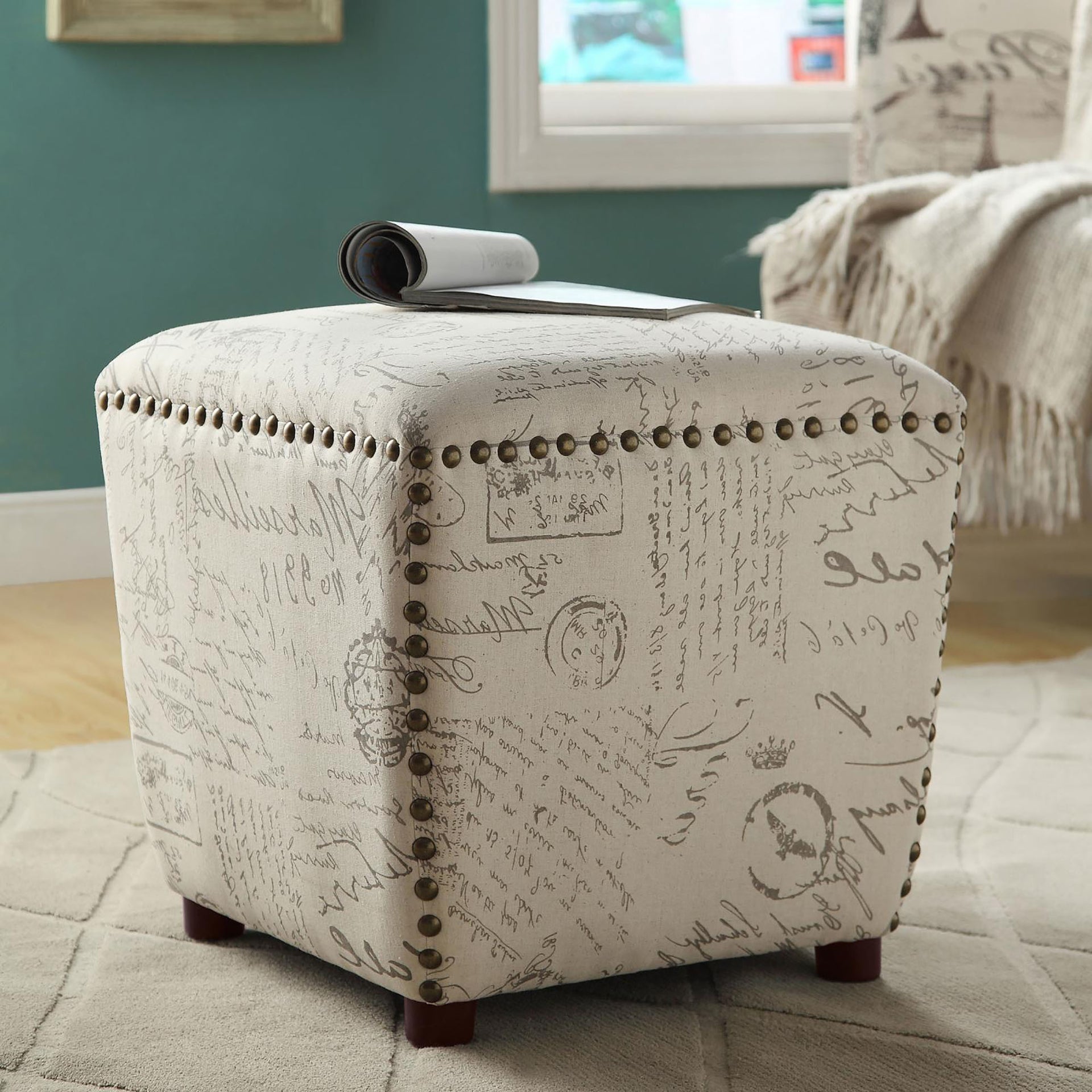 Off White French Script Ottoman