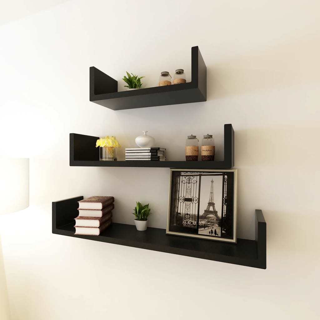 3 Black MDF U-Shaped Floating Wall Display Shelves