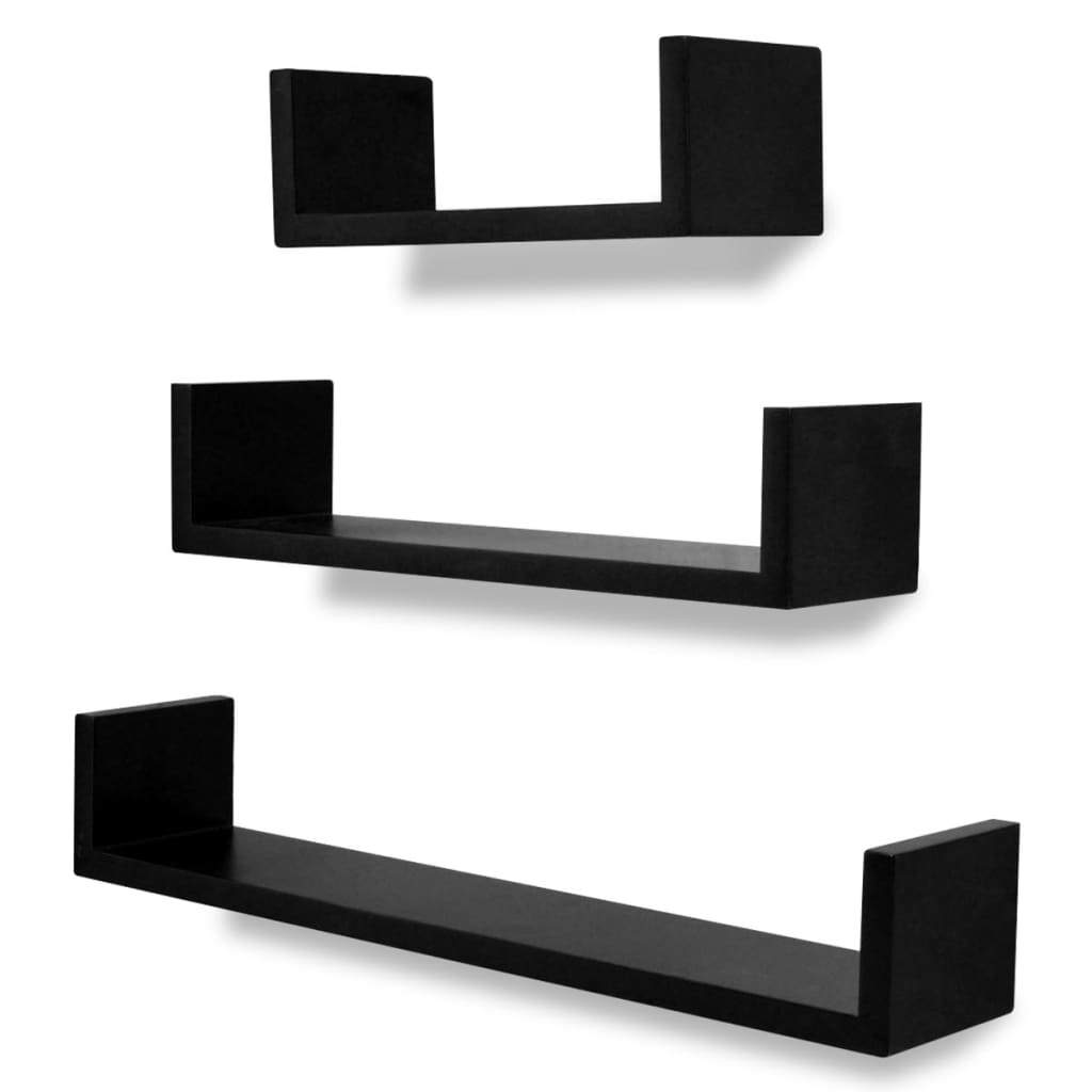 3 Black MDF U-Shaped Floating Wall Display Shelves