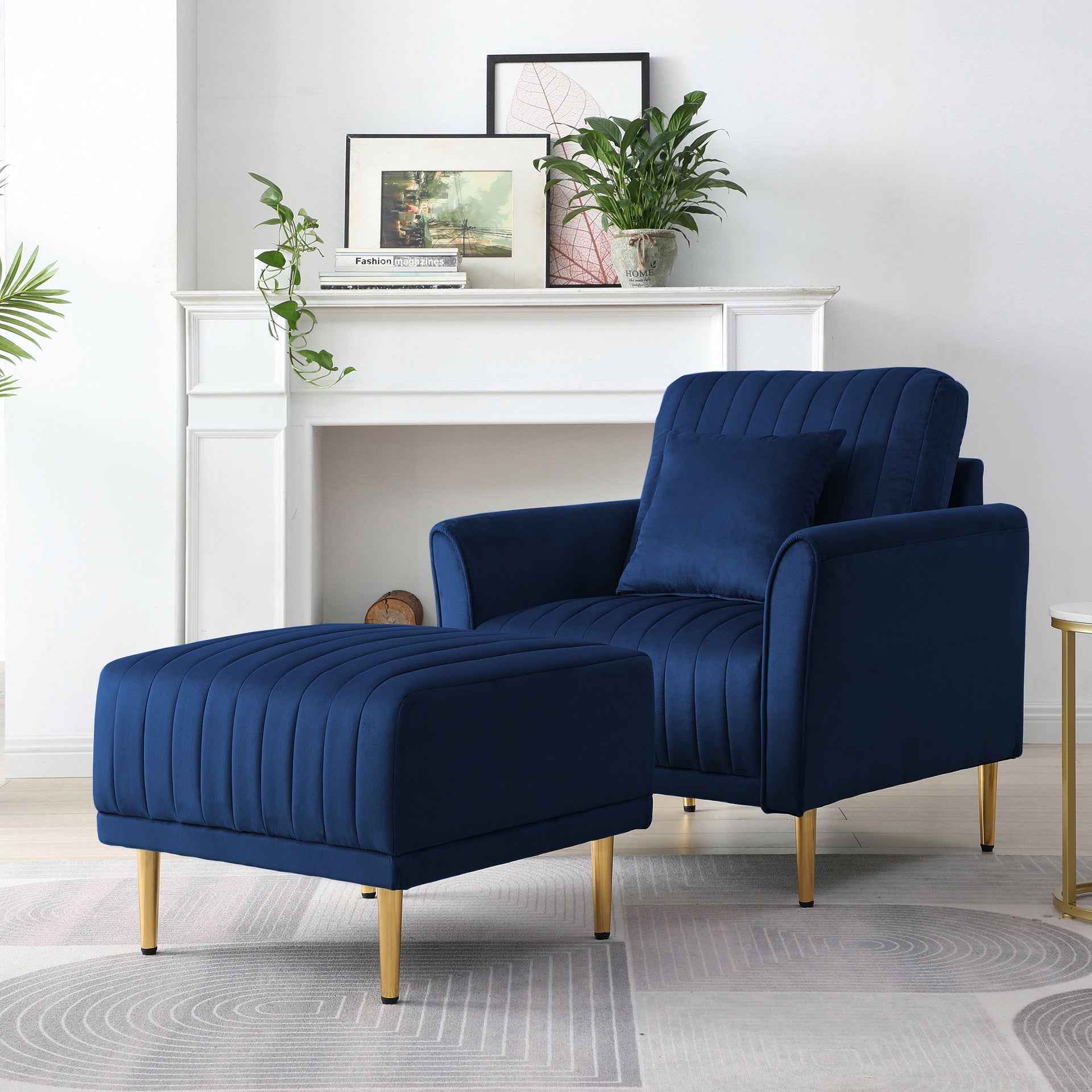 Accent Chair with Ottoman; Single Sofa Chair and Ottoman Set; Modern Velvet Barrel Chair Accent Armchair with Golden Legs for Living Room Bedroom Home Office; Channel Tufted Back Club Chair; Blue