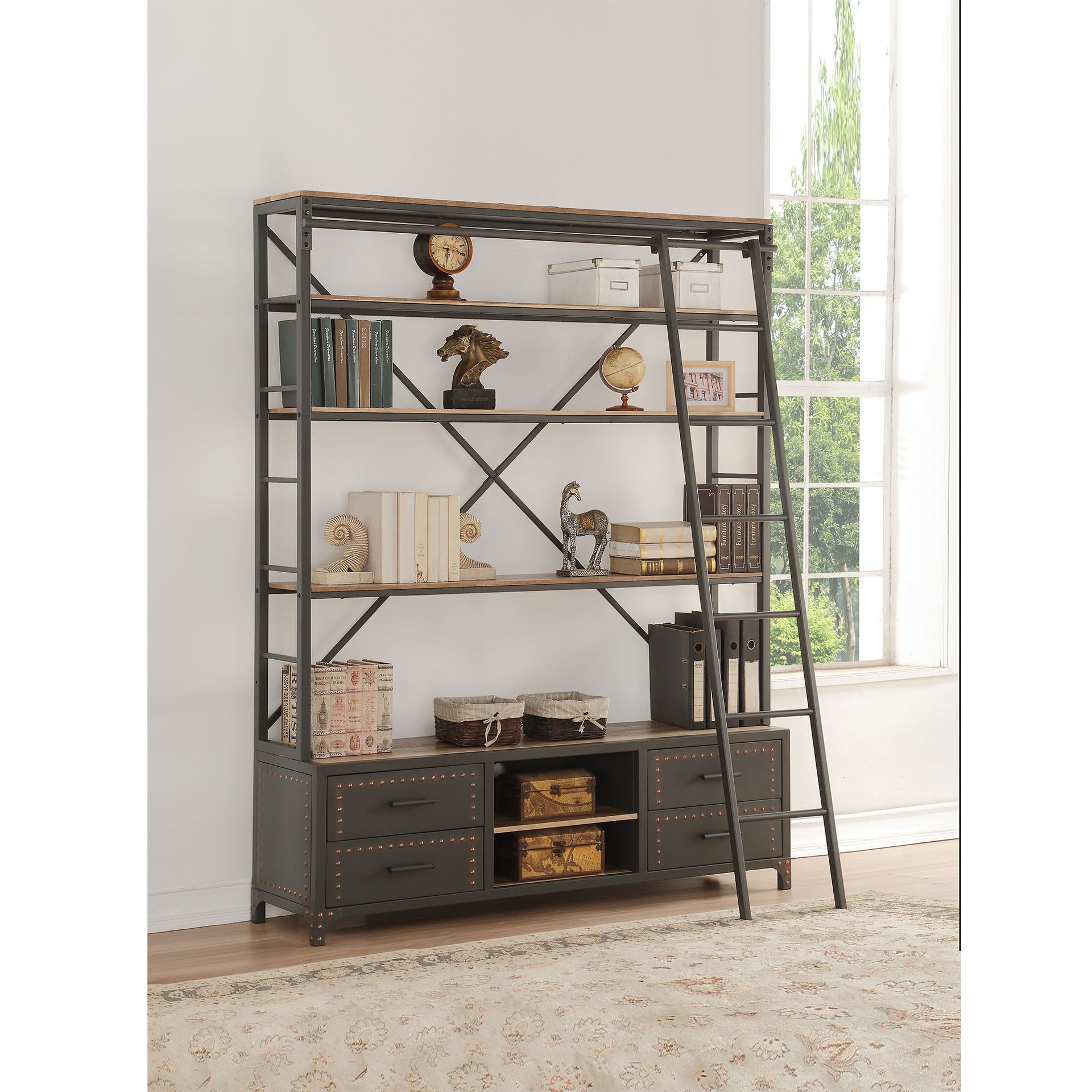 ACME Actaki Bookshelf & Ladder in Sandy Gray