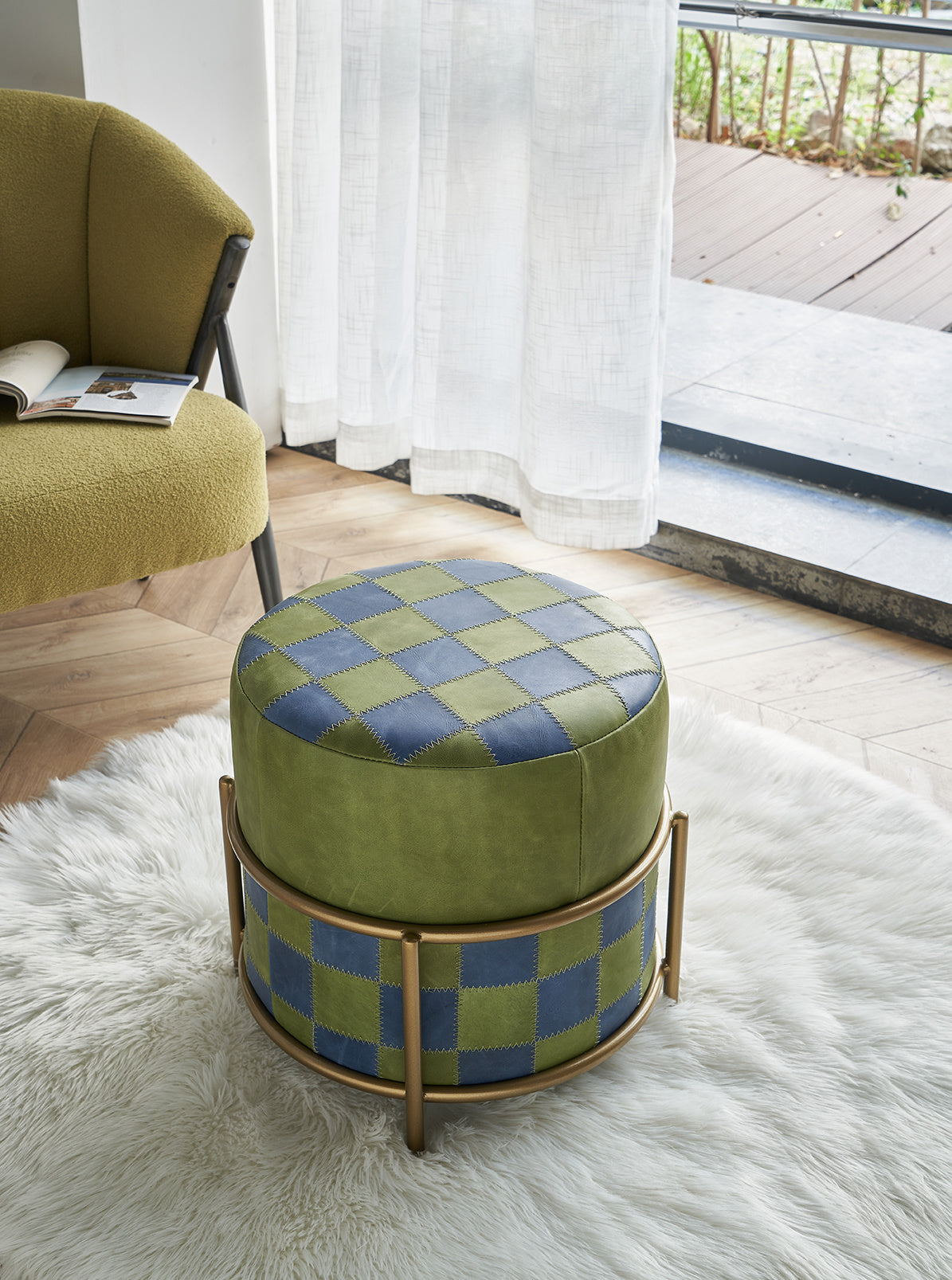 Patchwork by two colors leather pattern ottoman