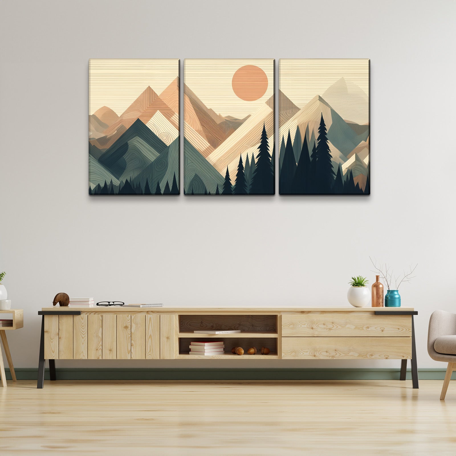 3 Panels Framed Abstract Wood Grain Boho Style Mountain & Forest Canvas Wall Art Decor,3 Pieces Mordern Canvas Decoration Painting