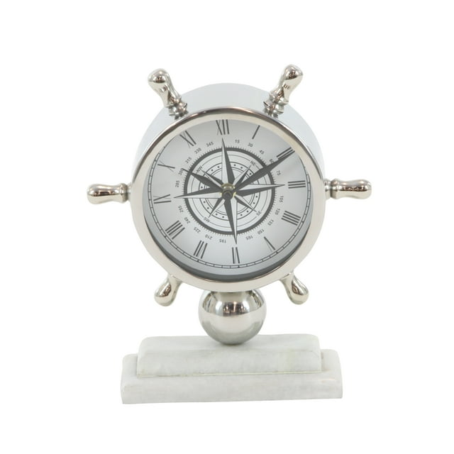 DecMode 8" Silver Stainless Steel Ship Wheel Clock with Marble Base