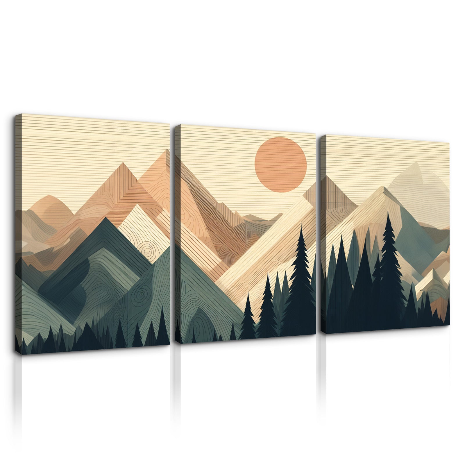 3 Panels Framed Abstract Wood Grain Boho Style Mountain & Forest Canvas Wall Art Decor,3 Pieces Mordern Canvas Decoration Painting