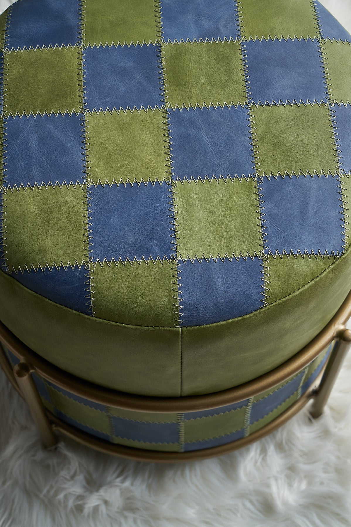 Patchwork by two colors leather pattern ottoman