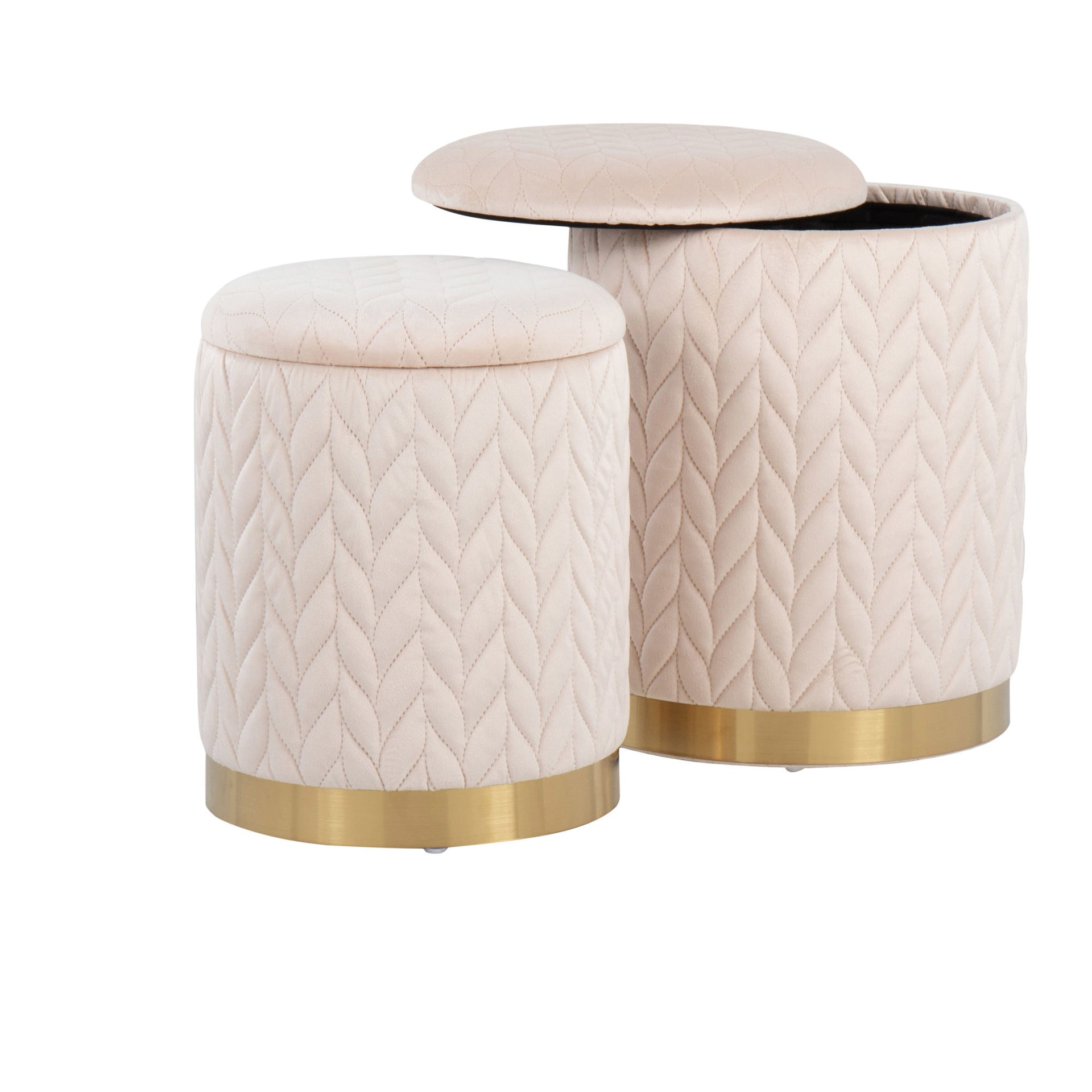 Marla Contemporary/Glam Quilted Ottoman Set in Gold Metal and Cream Velvet