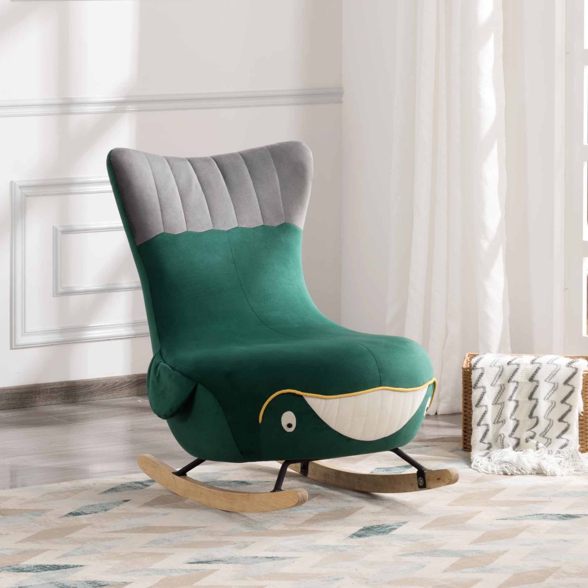 Velvet 27.5” Whale Rocking chair perfect fit every scene, bedroom, living room, porch or office, it can decorate all the places perfectly. Take a moment to relax your body and relieve the fatigue after a hard day of work.