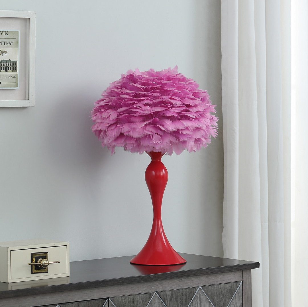 18.25"In Medium Pink Feather Aquina Glaze Red Metal Contour Glam Table Lamp