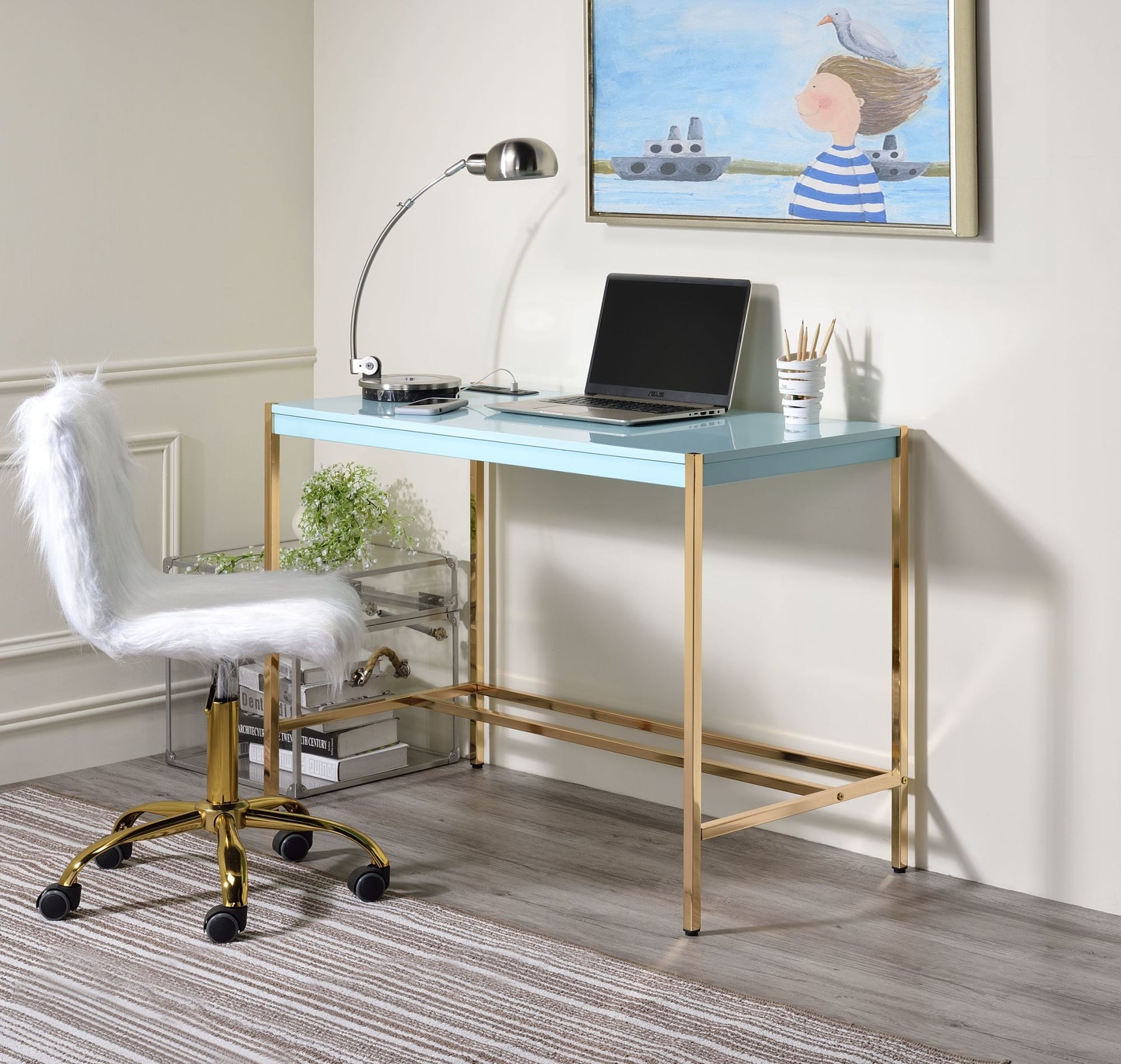 ACME Midriaks Writing Desk w/USB Port in Baby Blue & Gold Finish OF00023