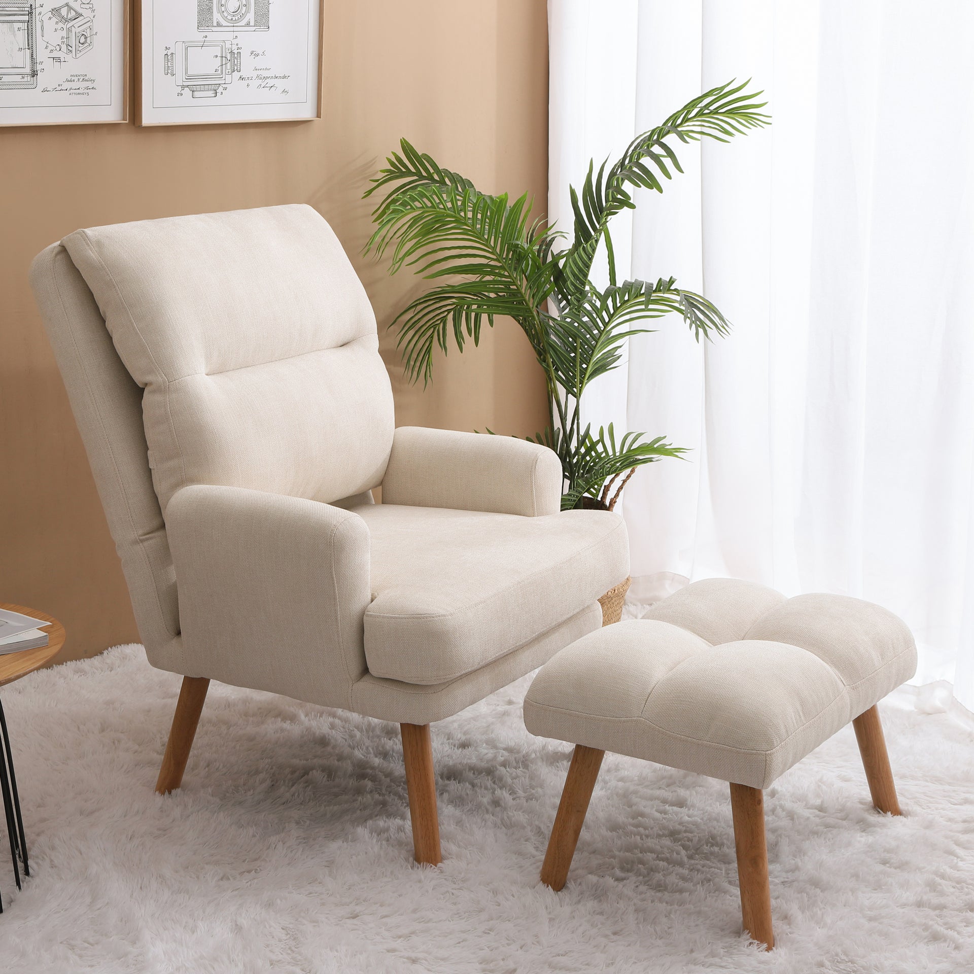 Accent Chair with Ottoman Set;  Fabric Armchair with Wood Legs and Adjustable Backrest ;  Mid Century Modern Comfy Lounge Chair for Living Room;  Bedroom;  Reading Room and Study