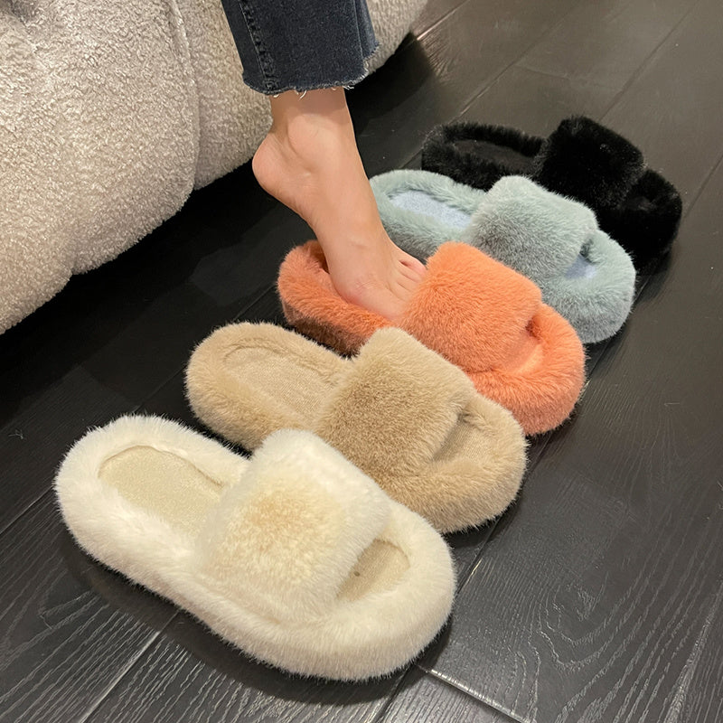 Open Toe Furry Work Slippers for Women Comfortable Platform Style