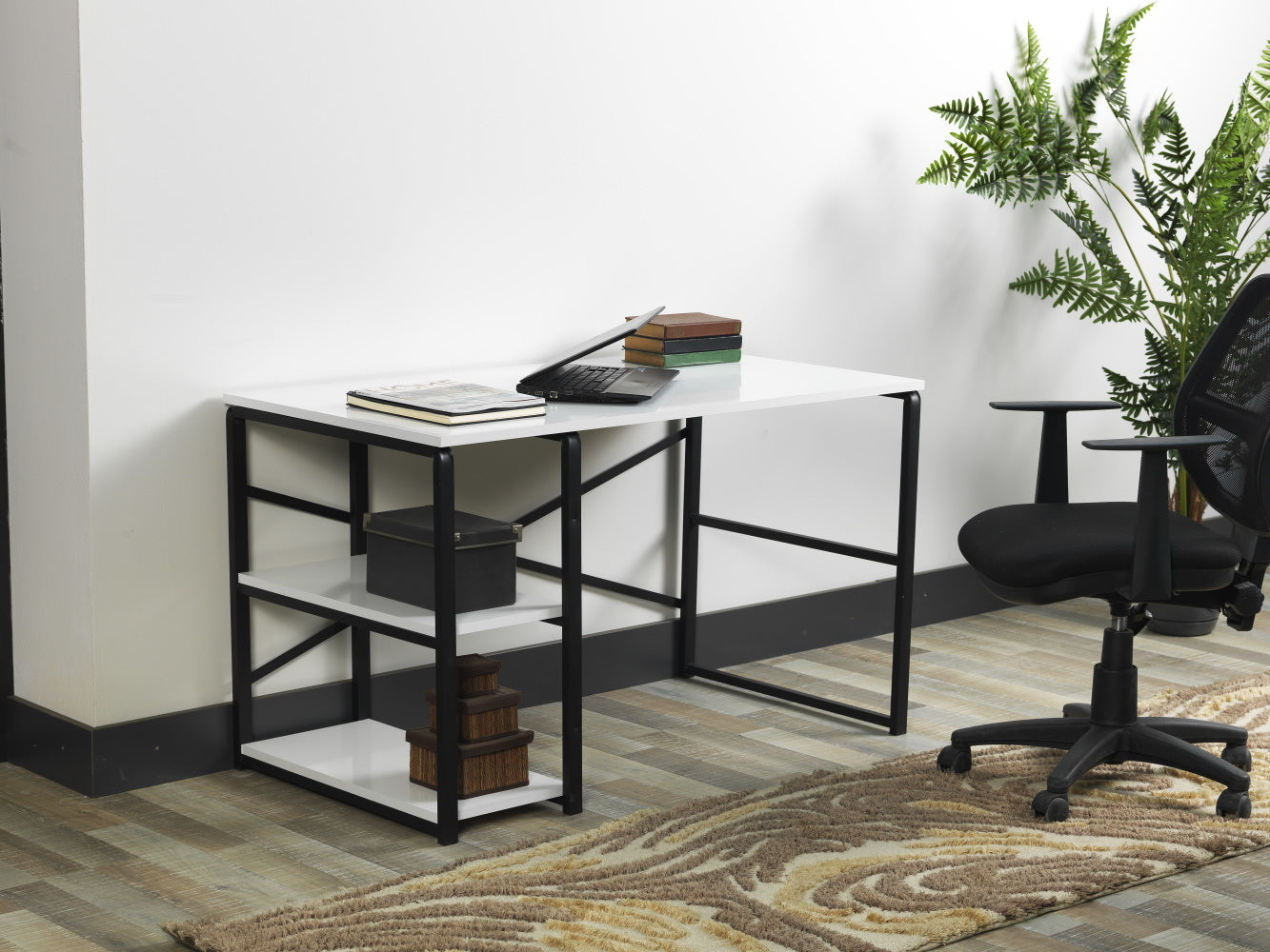 Furnish Home Store Sage Black Metal Frame 47" Wooden Top 2 Shelves Writing and Computer Desk for Home Office, White