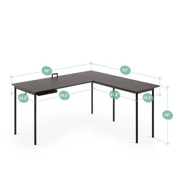 59" Black Frame Metal Corner Table with Storage Drawers; Espresso Top