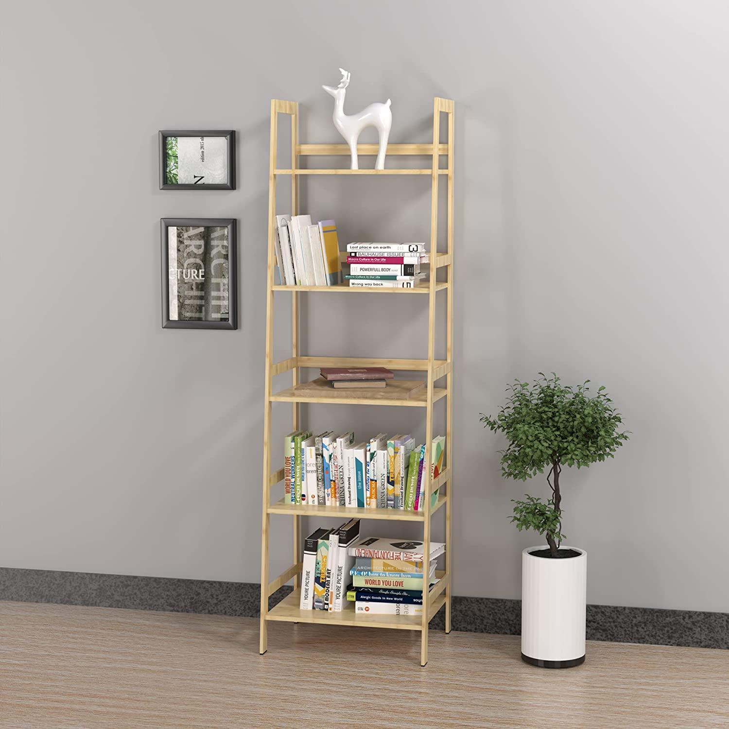 WTZ Bookshelf; Ladder Shelf; 5 Tier Bamboo Bookcase; Rustic Open Book Case for Bedroom; Living Room; Office; BC-238 Primary Colors