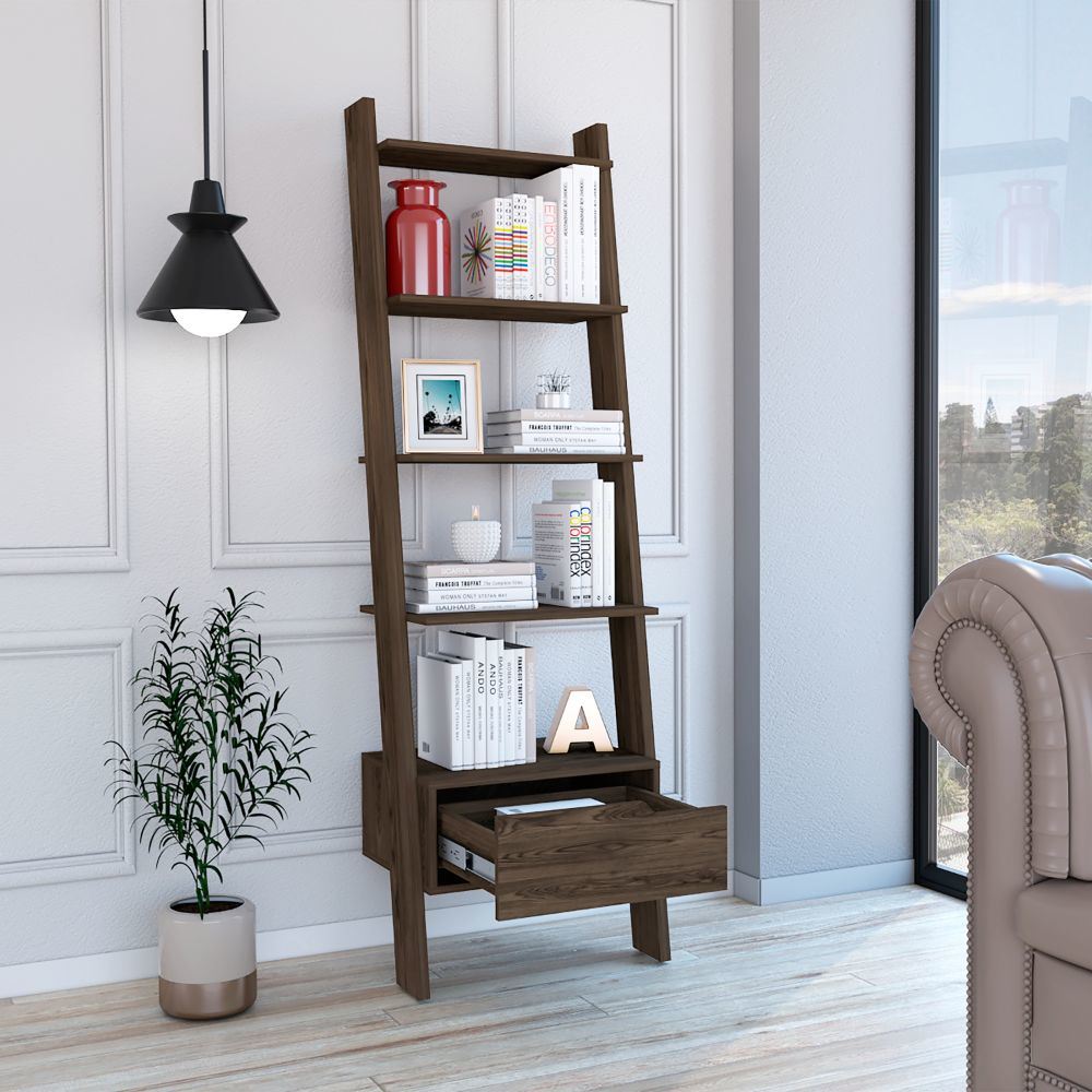 New Haven 1-Drawer 4-Shelf Ladder Bookcase Dark Walnut